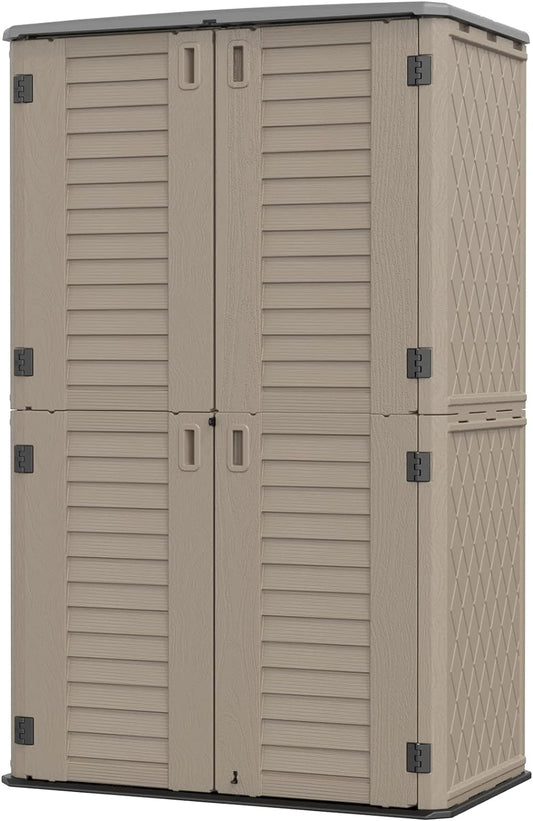 HOMSPARK Storage Shed Weather Resistance, Multi-Purpose Outdoor Storage Cabinet Waterproof, Outdoor Storage Cabinet for Garbage Cans, Lawnmower, Garden Accessories (Coffee, Tall shed-53 cu ft)