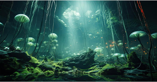 Aquarium Background Foggy Stone Mushroom Green Moss Fish Tank Background Mysterious Green Seaweed Scenery Aquarium Backgrounds White Mushroom Reptile Tank Enclosure Backgrounds Wallpaper 36x20in