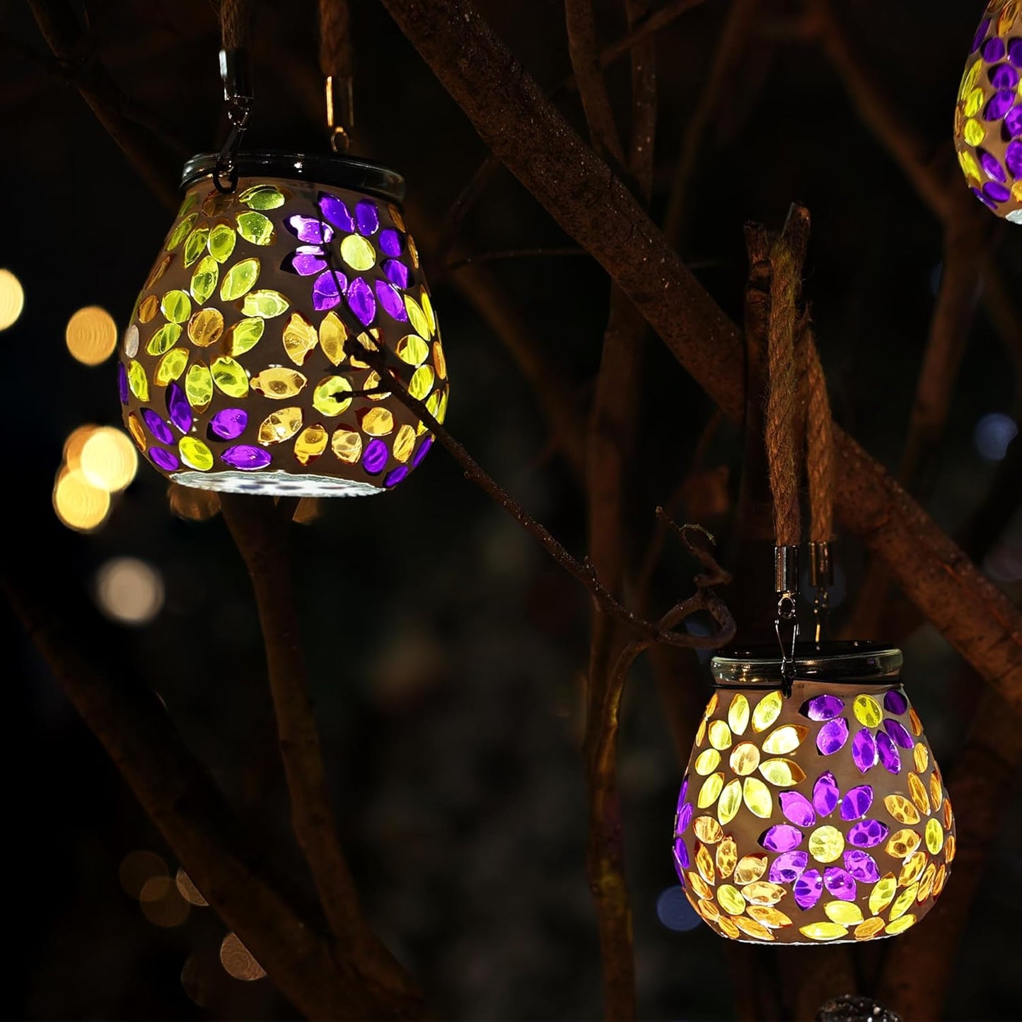 Cooo 2 Pack Mosaic Solar Lantern Outdoor Waterproof IP68 Hanging Projection Light Hidden Lid Pear-Shaped Lantern with Rope Handle Solar Powered Auto On for Patio Garden Fence Table -Petal Mirage