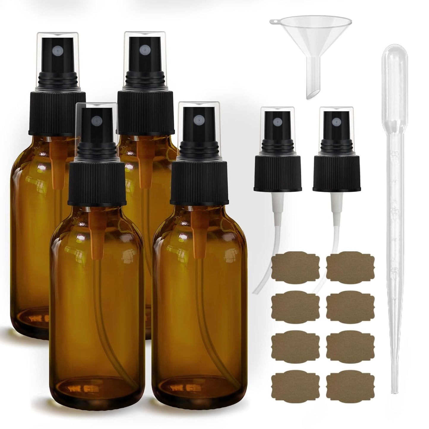 4 pcs Amber Glass Spray Bottles 2oz, Empty Small Spray Bottle Fine Mist Refillable Sprayer with Funnel Labels Droppers,Mini Travel Bottle for Essential Oils,Hair and Cleaning Solutions
