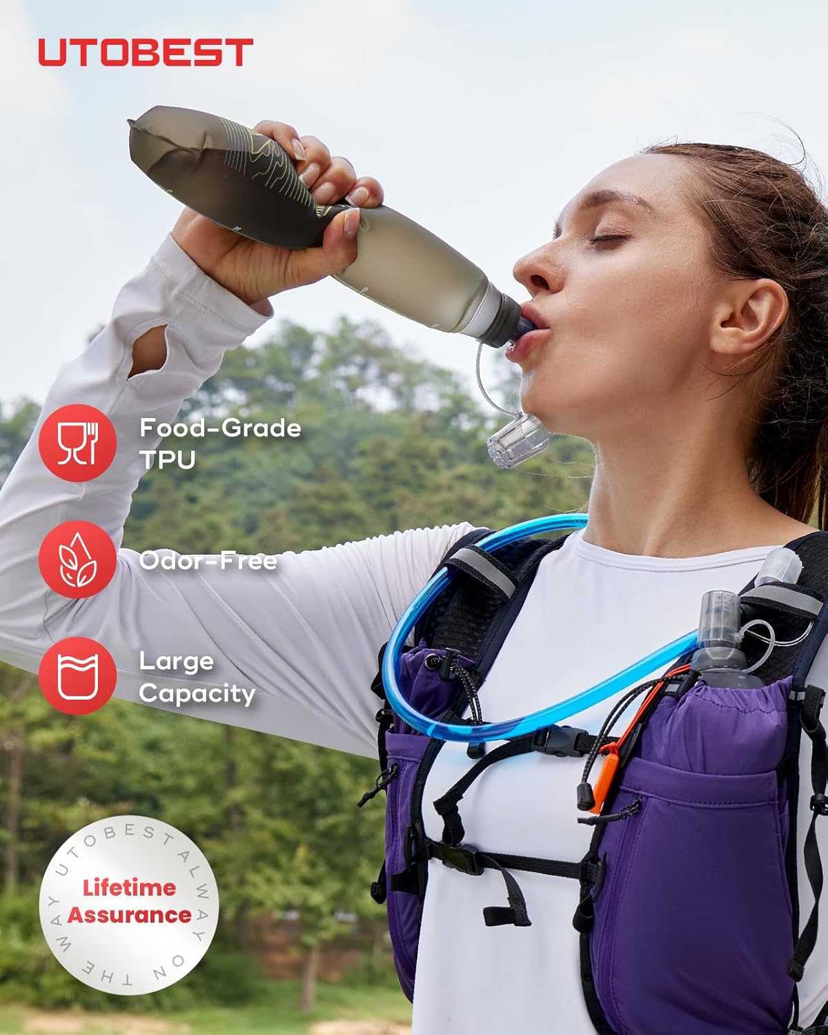 UTOBEST 500ml Soft Flask, 2 Pack Flexible TPU Hydration Water Bottle, Collapsible with 28mm Caliber for Running, Hiking, Cycling, Climbing, and Marathon Yellow