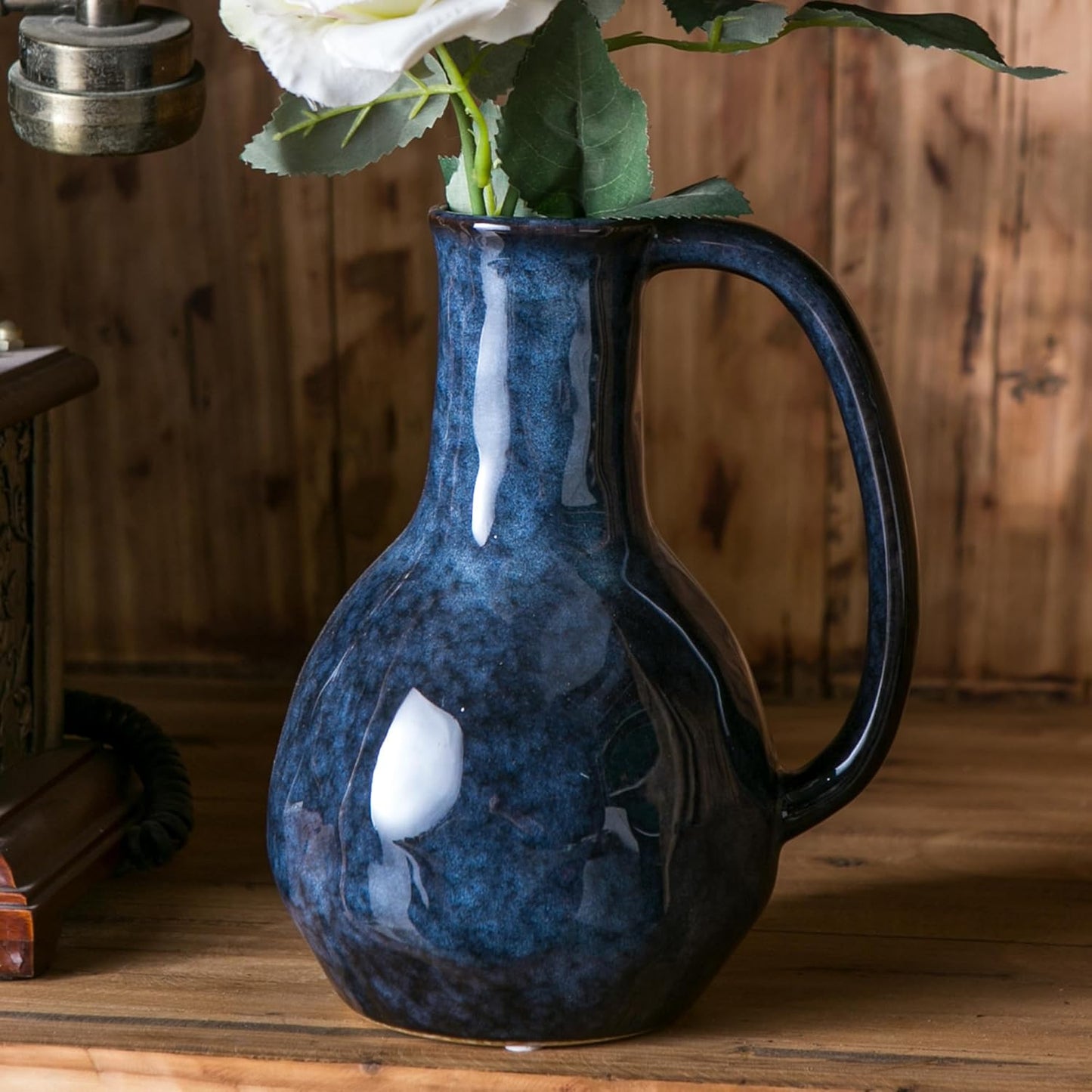 Blue Ceramic Vase with Big Handles, Modern Farmhouse Decor, Rustic Pottery for Flowers, Decorative Terracotta Centerpiece for Dining Table