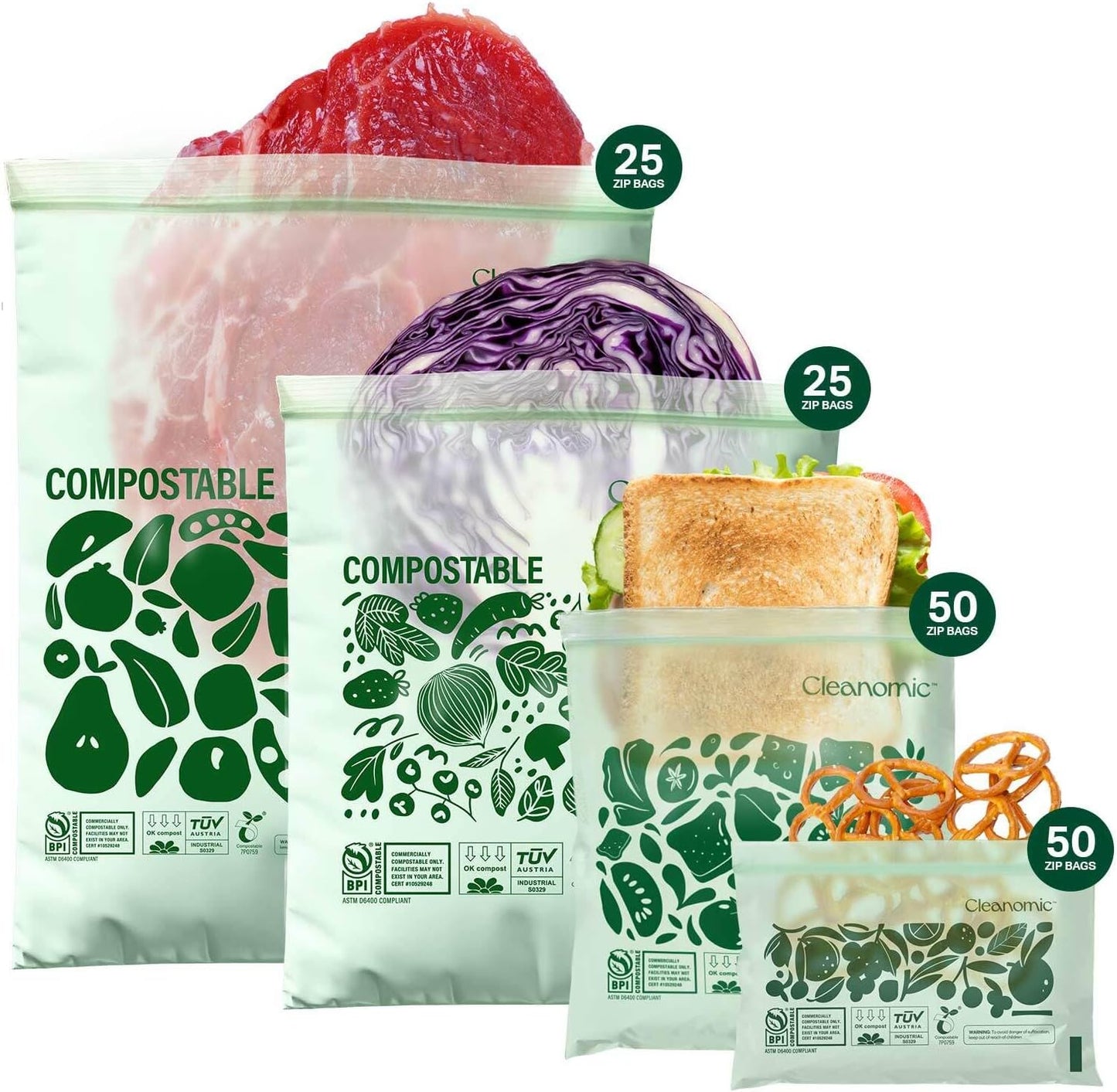 CLEANOMIC Compostable* Food Storage Bag Bundle - Gallon, Quart, Sandwich and Snack Sizes