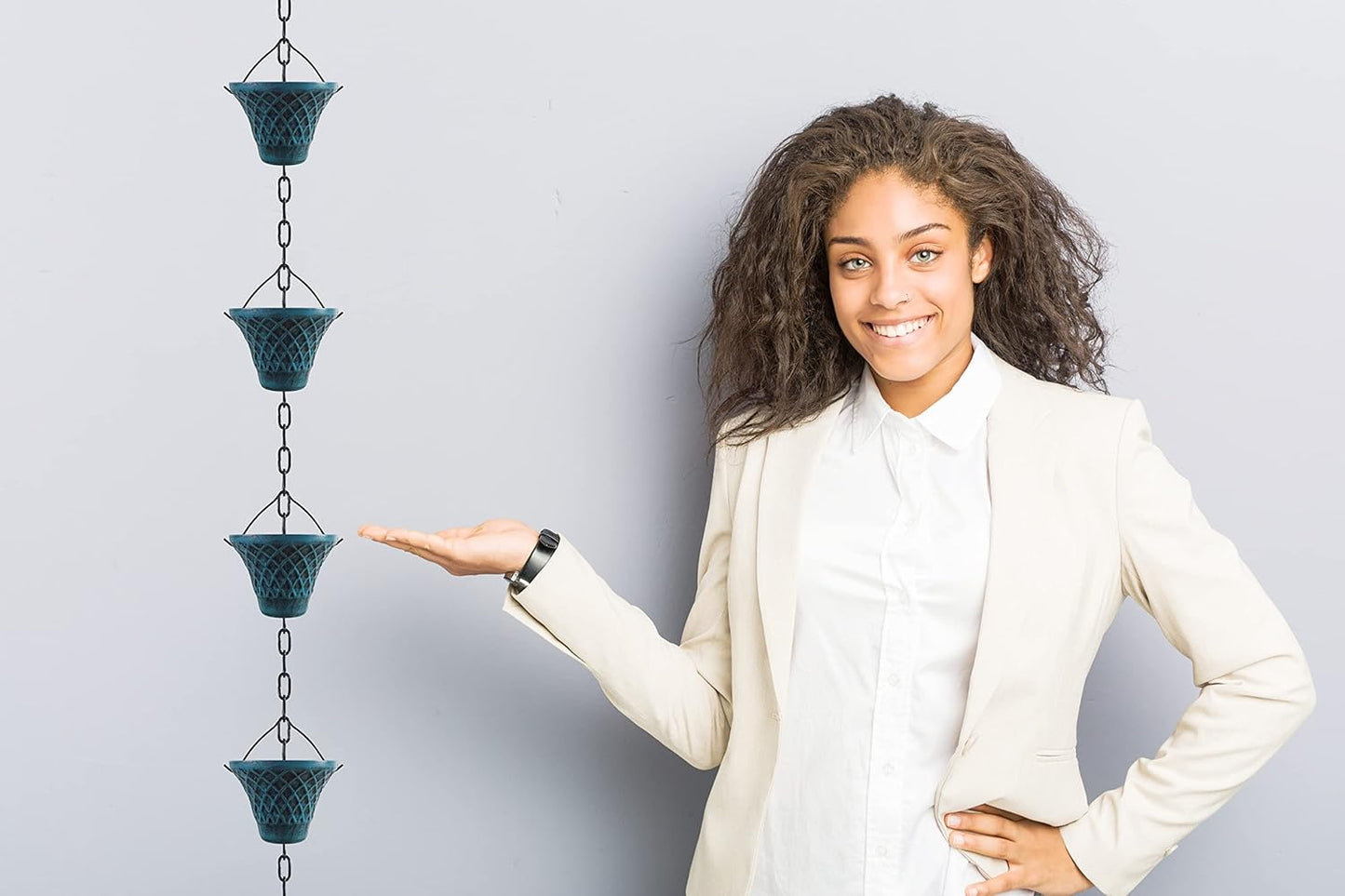 [Upgraded] 8.5FT Antique Sky Blue Colored Iron (Double-Sided) Rain Chains for Gutter and Rain Barrel, Rust-Resistant Plated Garden Décor Rain Chain for Downspout (not Included an Adapter)