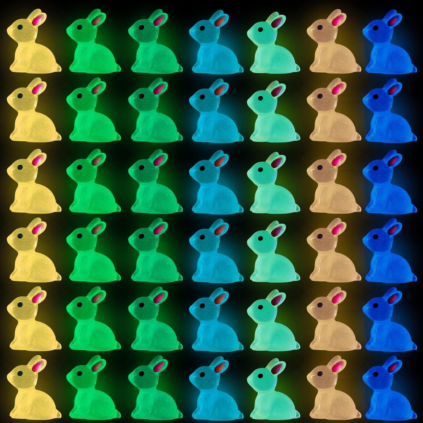 70pcs Easter Luminous Mini Resin Bunny 7 Colors Little Small Glow in The Dark Rabbit Bunny Figures for Dollhouse Micro Fairy Garden Decor Easter Egg Fillers Party Favors Supplies