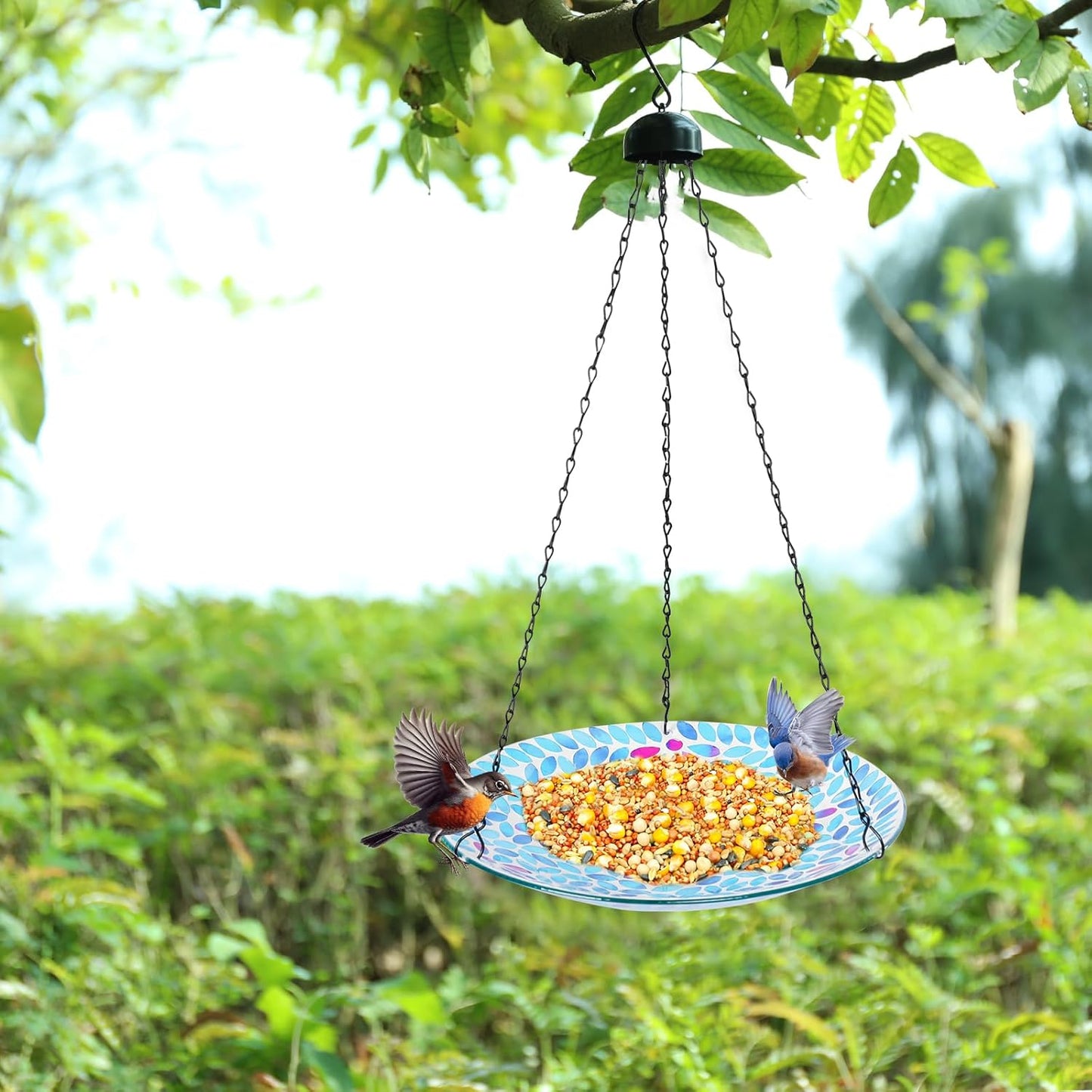 MUMTOP Mosaic Hanging Bird Bath-Bird Baths for Outdoors - 12 Inch Glass Bird Water Bowl Bird Feeders for Outside, Garden, Lawn Yard Decor（Blue）