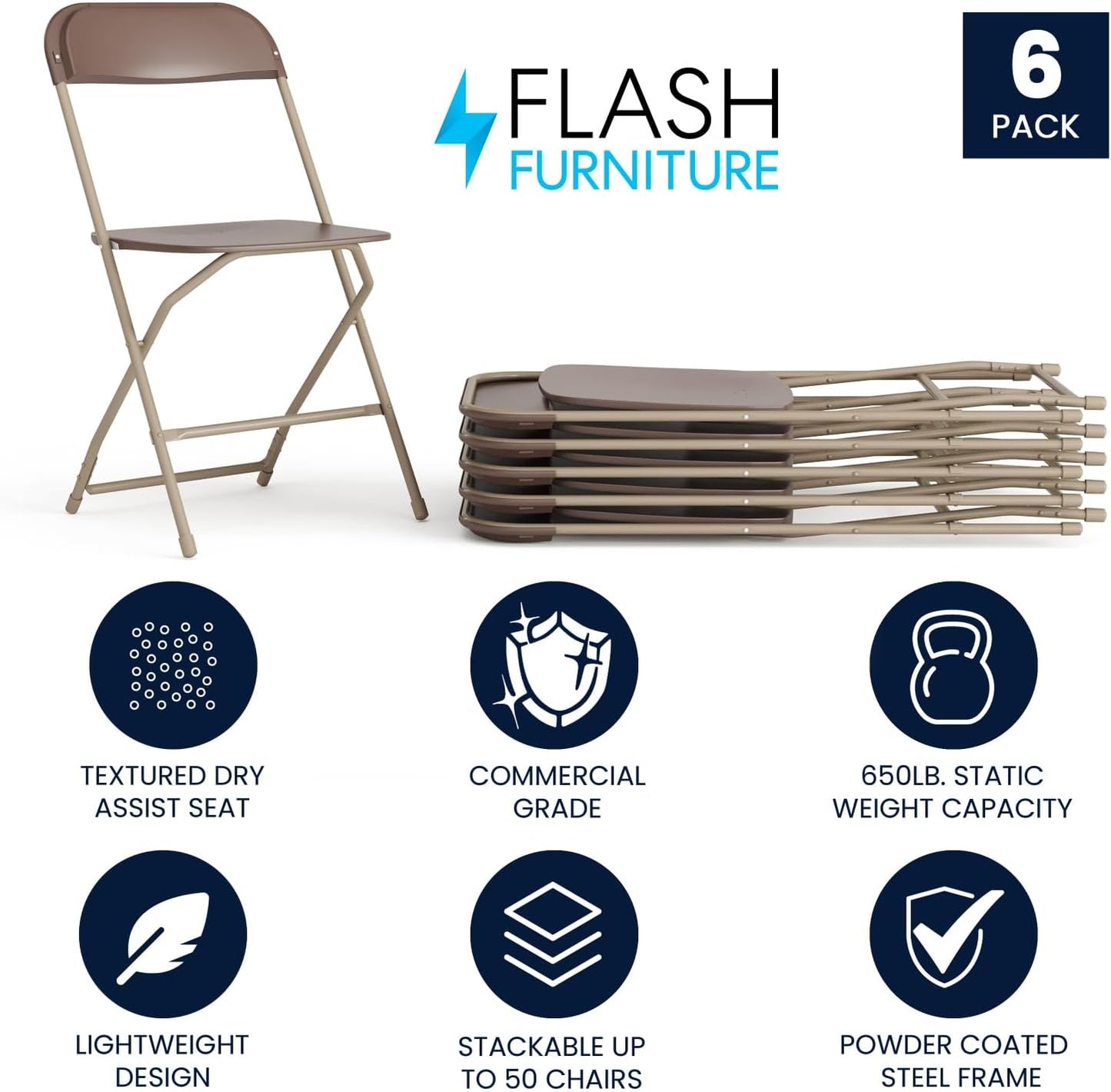 Flash Furniture Hercules Series Plastic Folding Chair - Brown - 6 Pack 650LB Weight Capacity Comfortable Event Chair-Lightweight Folding Chair