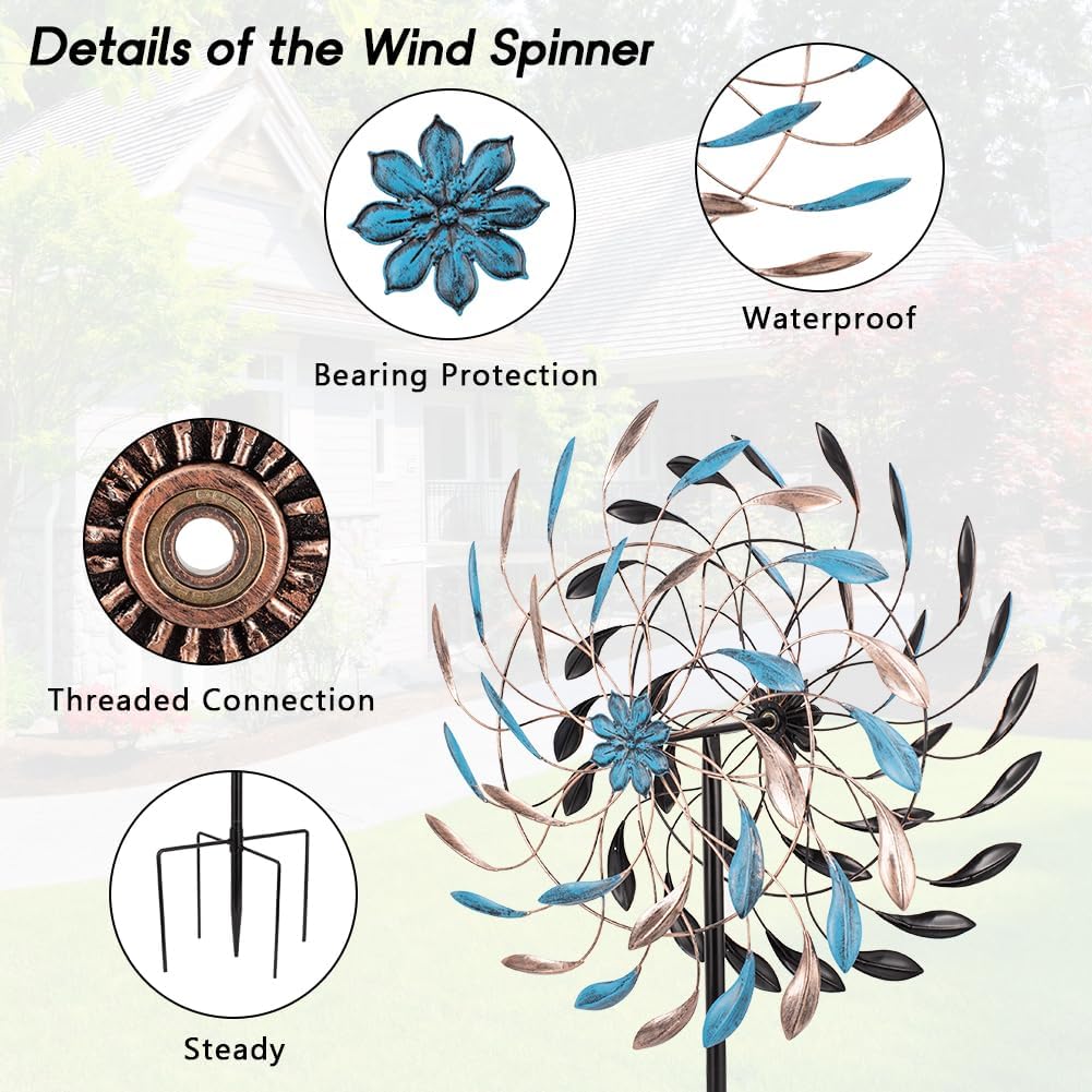 DREAMYSOUL Wind Spinner Outdoor, 23" Dia Metal Windmills with Blue and Copper Leaves, Kinetic Wind Spinners & Sculpture for Yard and Garden