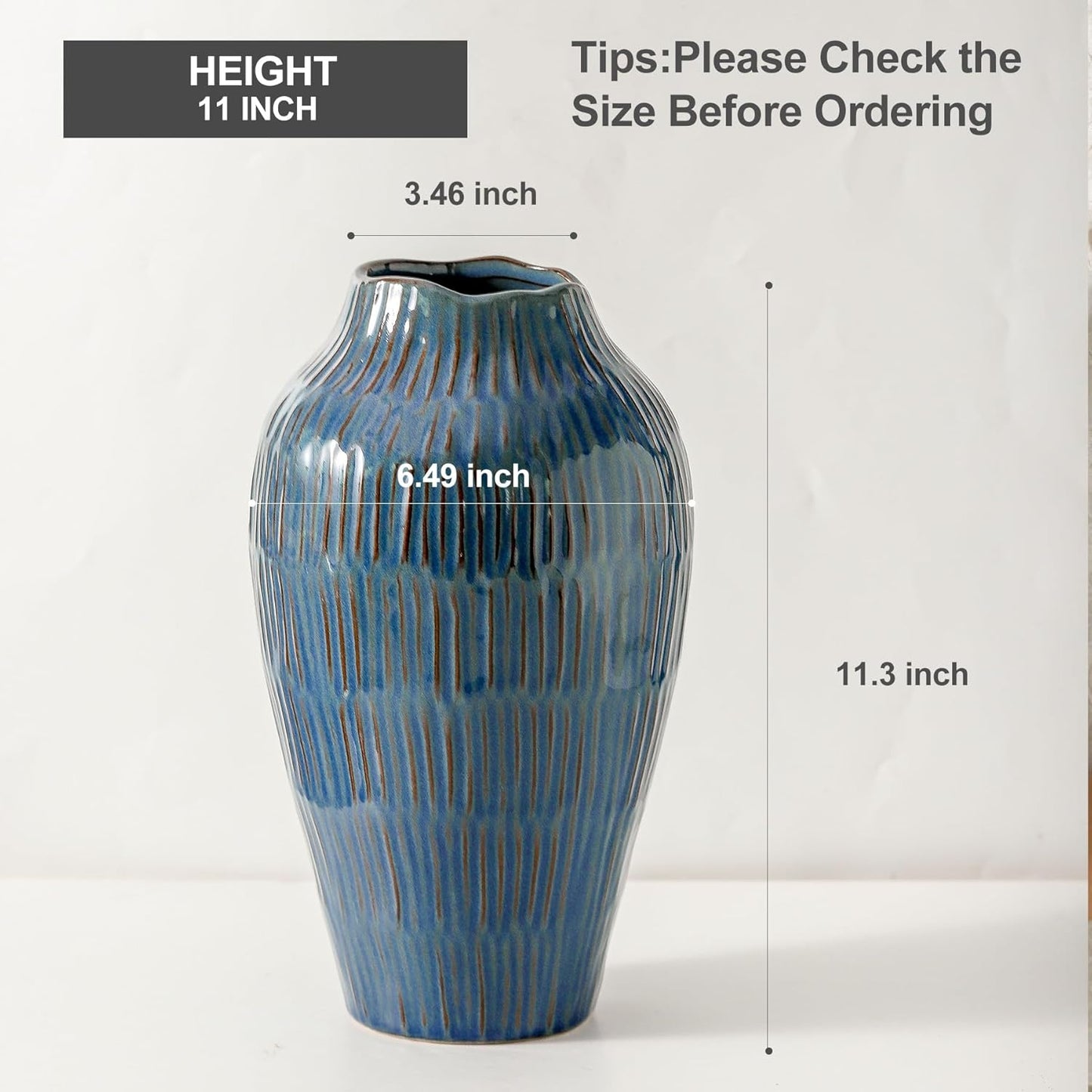 Blue Ceramic Vase for Home Decor,11.6 Inch Flower Vase，Decorative Vases for Pampas Grass，Modern Art Texture Vases for Home Entryway Living Room Dining Table Farmhouse Office Decor-Blue