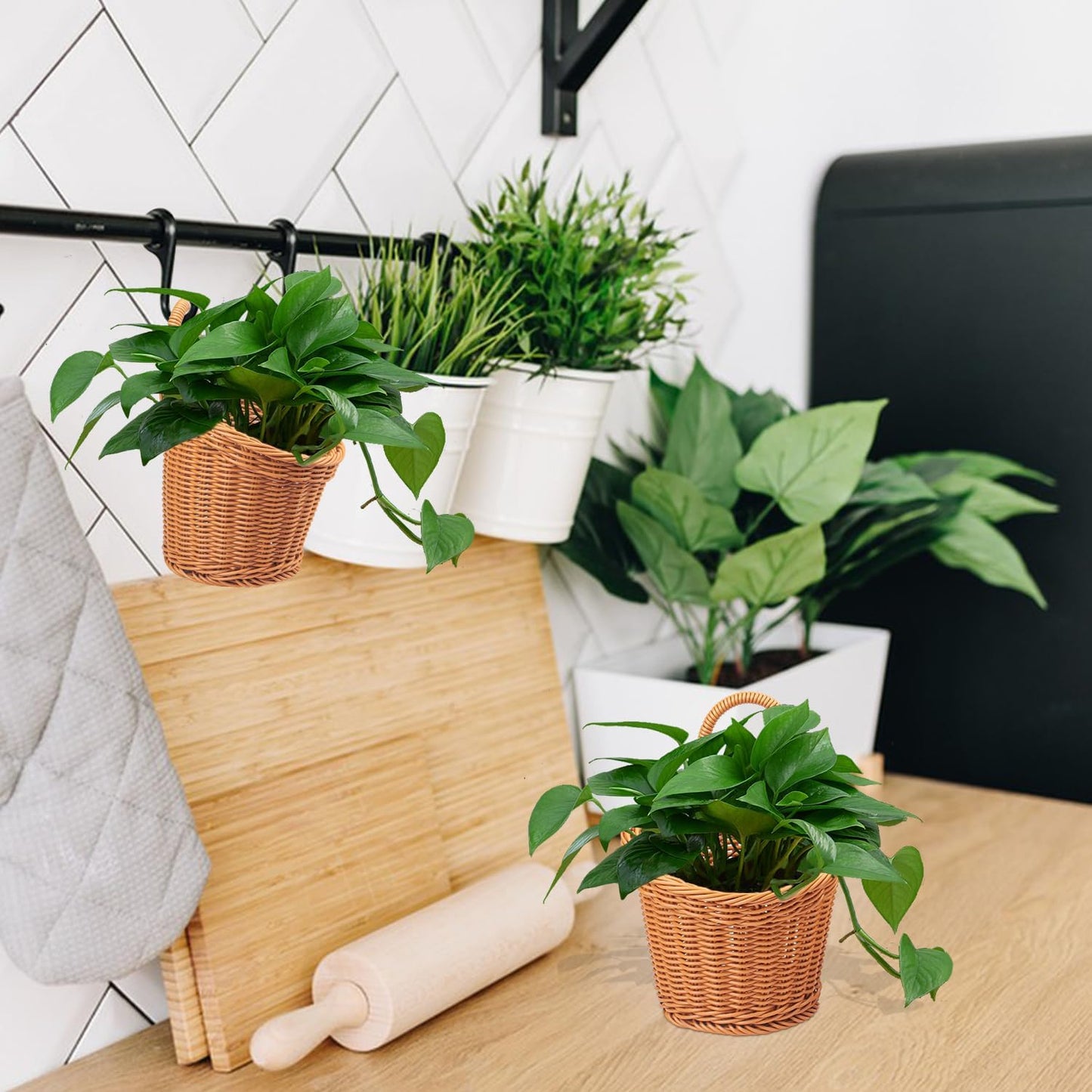 6 Pack 3 Size Woven Hanging Fruit Basket, Wall Hanging Wicker Baskets, Wall fruit Wicker Basket for Kitchen, Planter, Vegetable & Fruit, Boho Home Decor