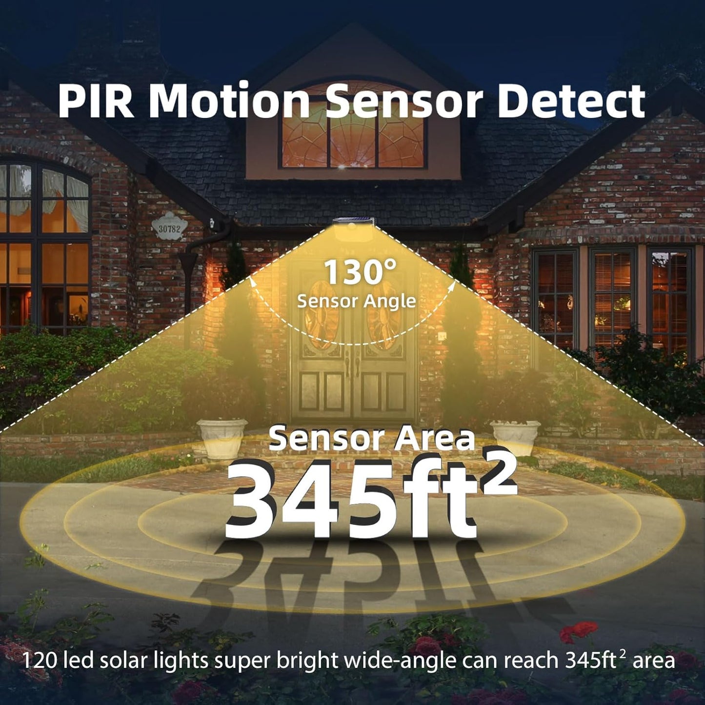 HMCITY 120 LED Outdoor Solar Lights- with Motion Sensor and 3 Lighting Modes, IP65 Waterproof Wide Solar Wall Lights Ideal for Garden Patio Yard (Front Button 4Packs, Warm White)