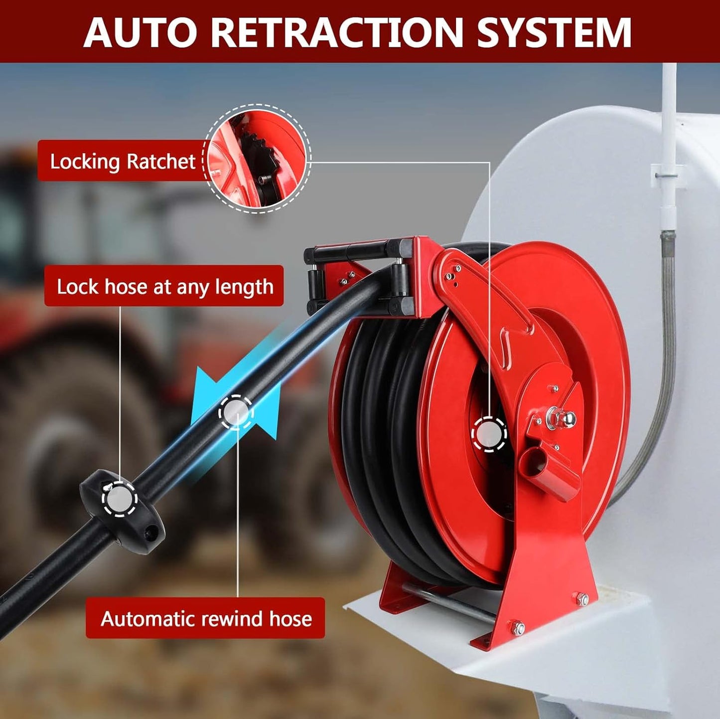 Fuel Hose Reel with Fueling Nozzle, 3/4" x 50FT Retractable Diesel Hose Reel, 300 PSI Industrial Heavy Duty Auto Swivel Rewind Hose Holder Reels, for Vehicle Tank Truck Trailer Ship