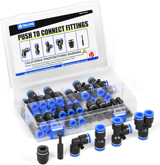 TAILONZ PNEUMATIC 3/8 Inch od Push to Connect Fittings Pneumatic Fittings Kit 5 Spliters+5 Elbows+5 tee+5 Straight+5 PPF+5 PP (30 pcs)