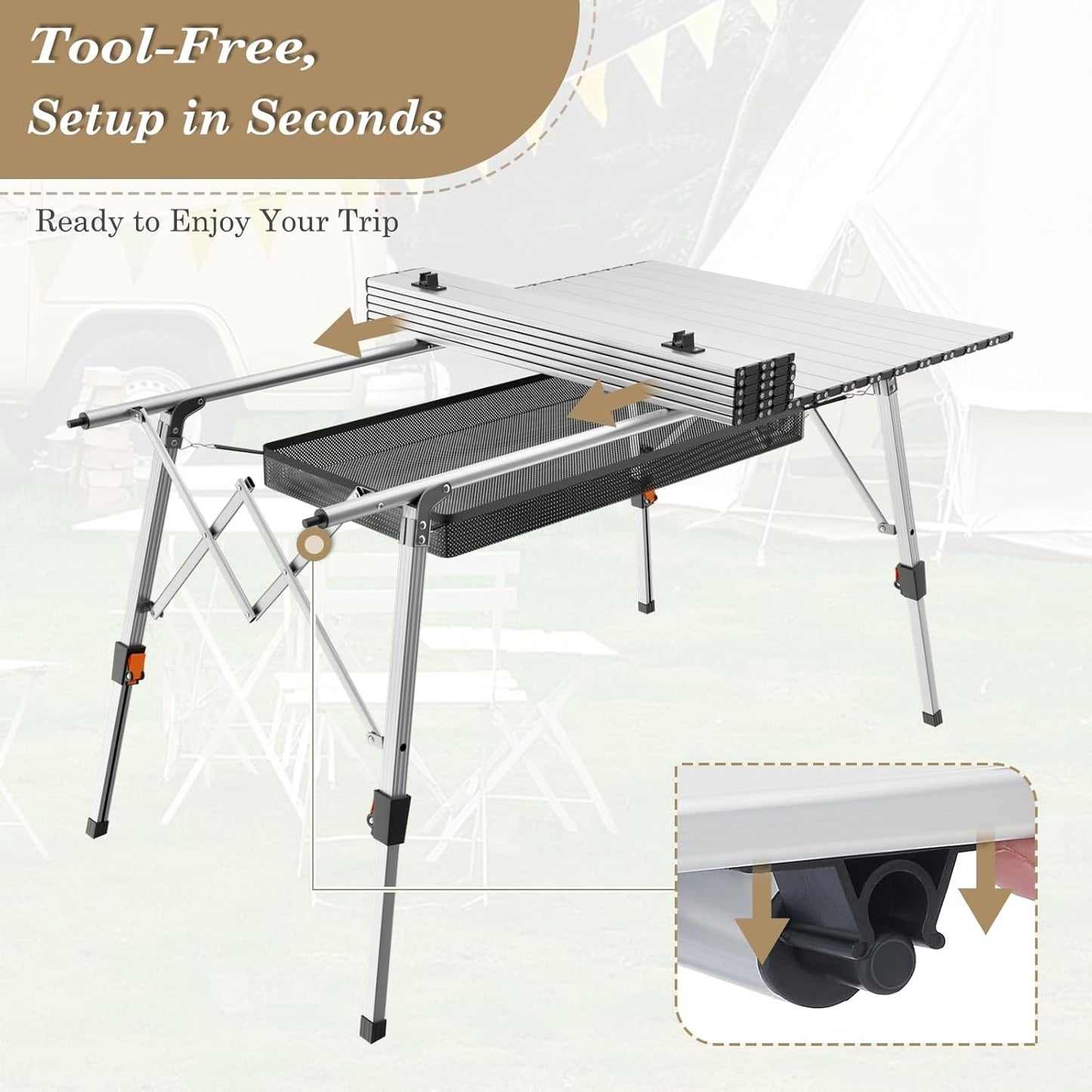 Athena Collection Foldable Camping Table, 47" Aluminum Outdoor Folding Camp Table with Mesh Layer Telescopic Legs and Carry Bag, Lightweight and Portable for Outdoor Camping Picnic Grilling, Silver