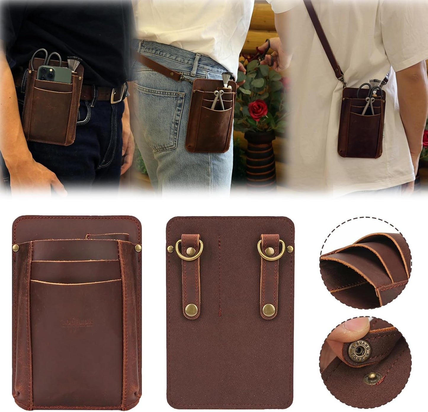 Tourbon Leather Florist Tool Waist Pouch Belt Garden Shoulder Crossbody Tools Bag Gardening Pruning Shears Holder Organizer Kit 4 Pockets (Brown)