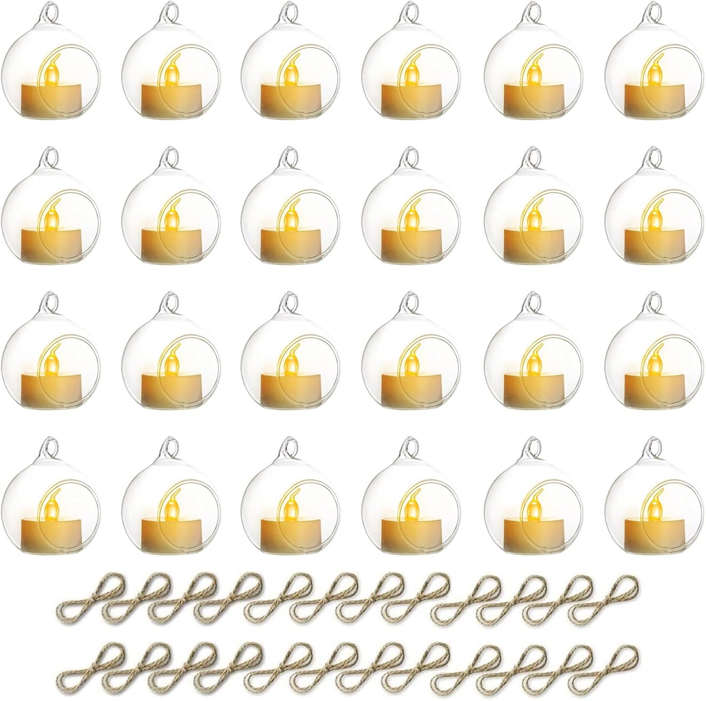 NUPTIO Hanging TeaLight Candle Holder: 24Pcs 2.36in Tree Tea Light Holders with LED Candles Small Glass Globes Ornament Clear Round Mini Terrarium Containers for Wedding Party Tree Decoration