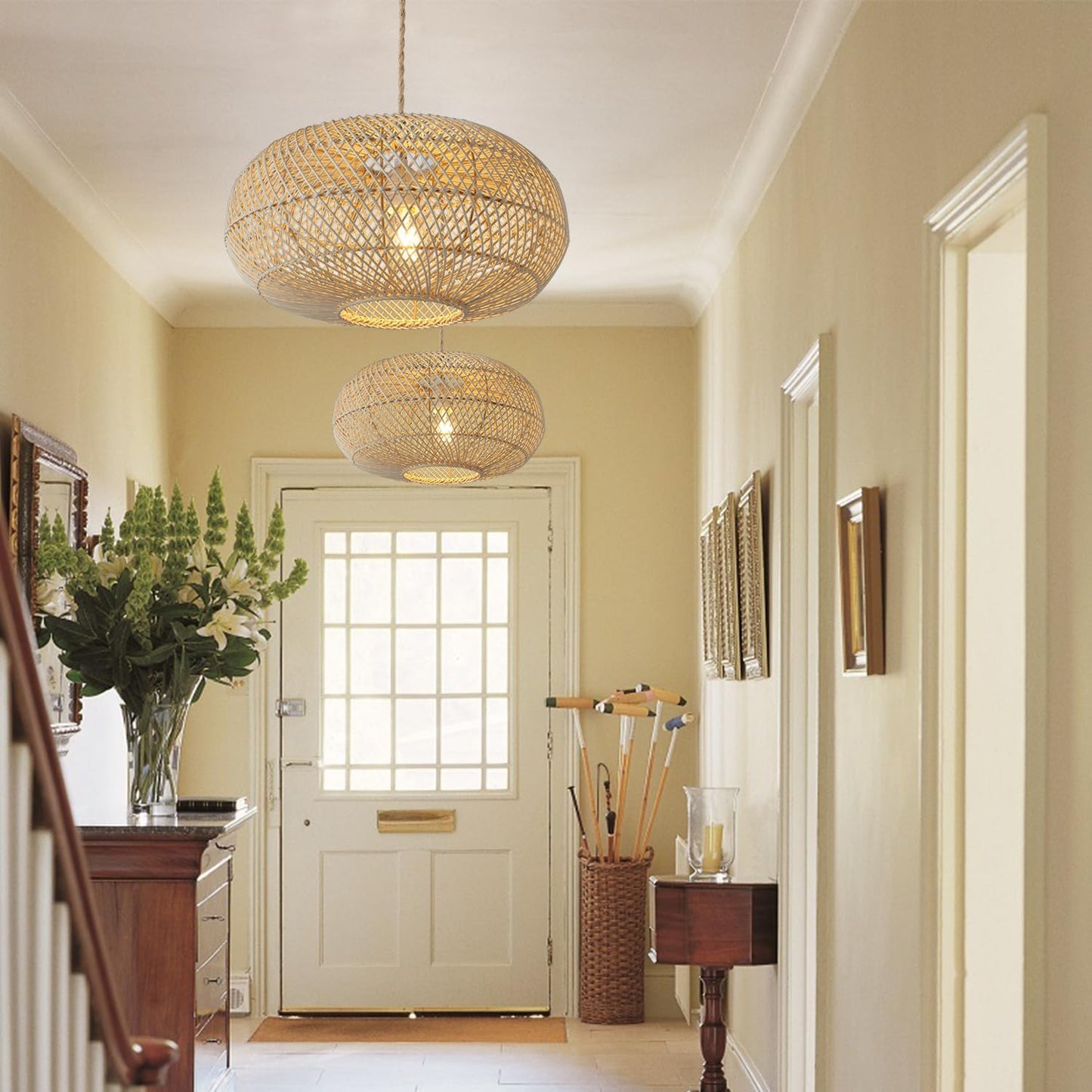 Rattan Pendant Light 16" 1-Light Hand-Woven Rattan Hanging Light，Wicker Woven Basket Chandelier，Modern Bohemian Pendant Lamp for Kitchen Island Foyer Farmhouse Porch