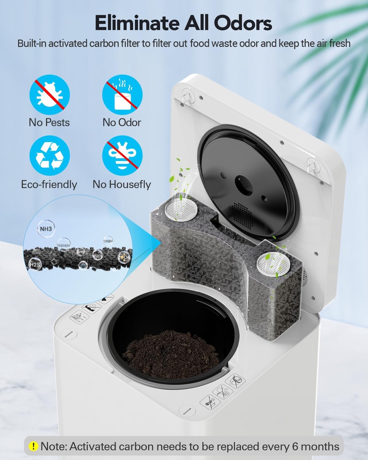 Electric Composter for Kitchen Indoor, 5.2L Large Countertop Compost Bin with 3-in-1 Drying/Grinding/Composting, Odorless Food Waste Compost Machine with Auto-Clean & Smart Sensor LED Display, EC03