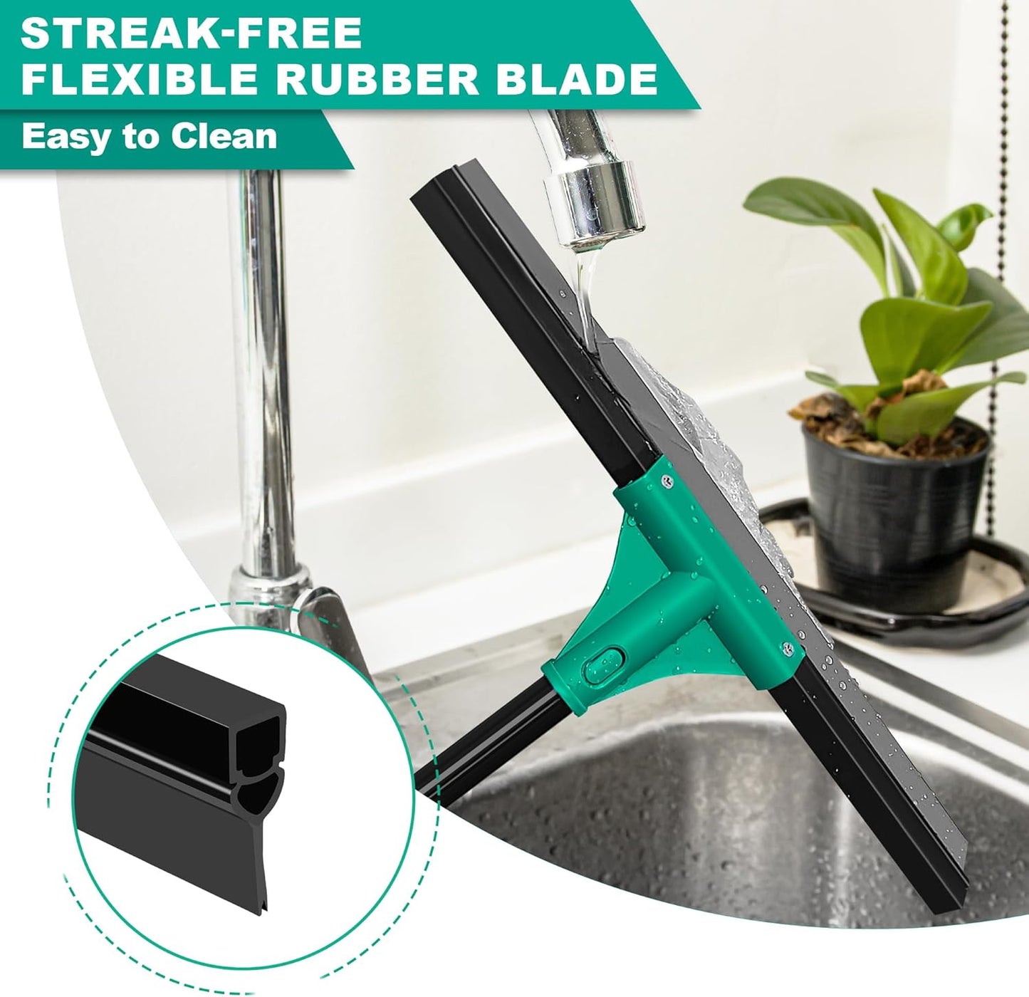 JEHONN Floor Squeegee Heavy Duty with 58.3 inches Long Handle, Rubber Scraper Broom for Cleaning Foam Water on Garage Concrete Bathroom Tile Marble Shower Glass Shop Deck Window Indoor Outdoor Green