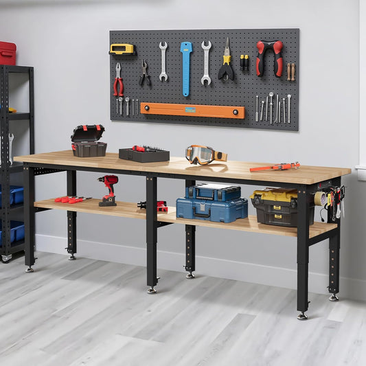 Albott 96" Adjustable 2-Tier Workbench with Solid Wood Top, Max 2000lbs Capacity, Built-in Power Strip with 4 AC Outlets & 2 USB Ports, Pegboard & 20 Hooks, Shop Garage Office