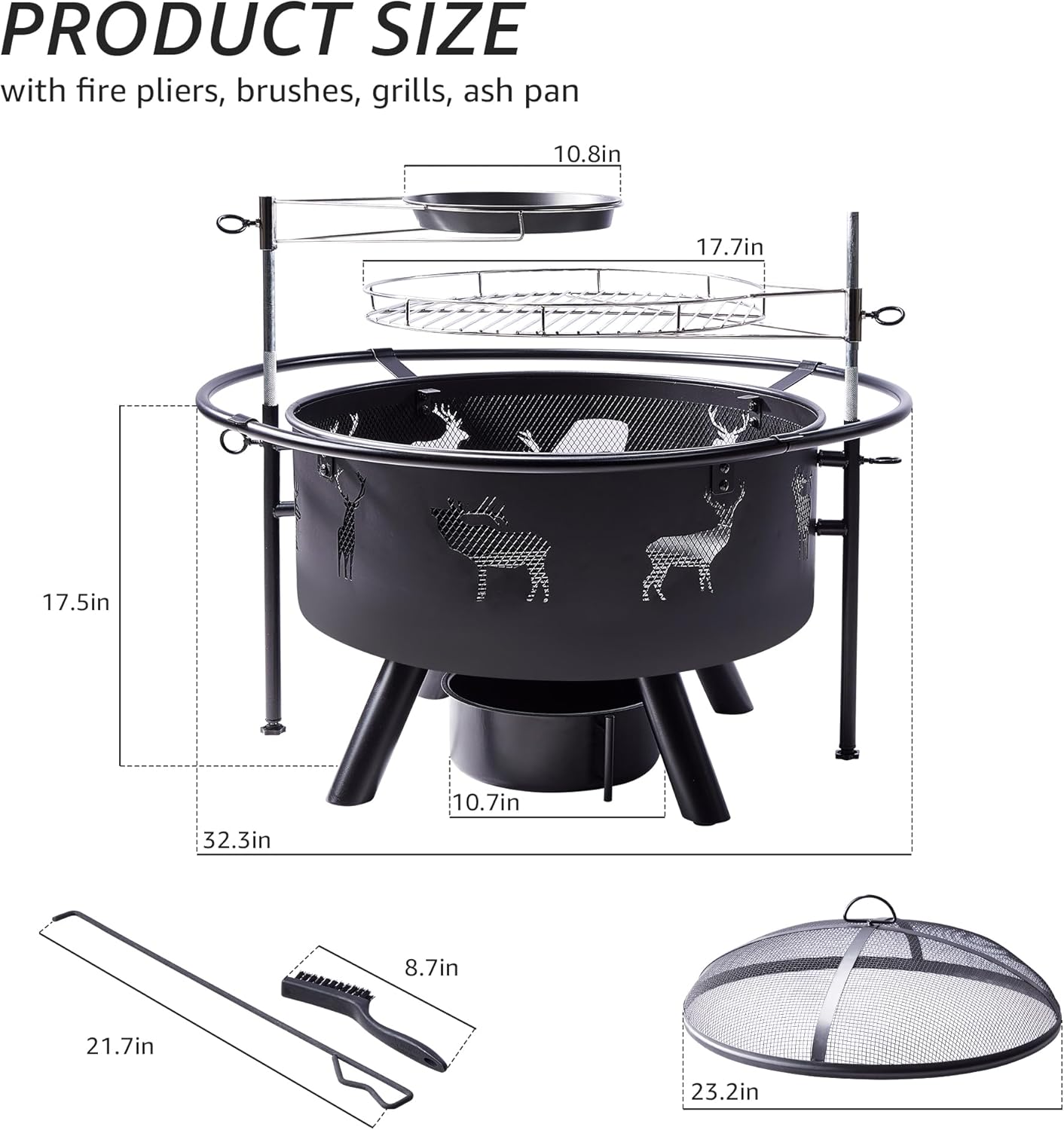 NATURAL EXPRESSIONS 32 Inch Large Fire Pit with 2 Grills, Outdoor Wood Burning Fire Pit with Cooking Grate, Lid, Poker and Round Waterproof Cover for Patio, Ourside, Bonfires, Picnic, Party.