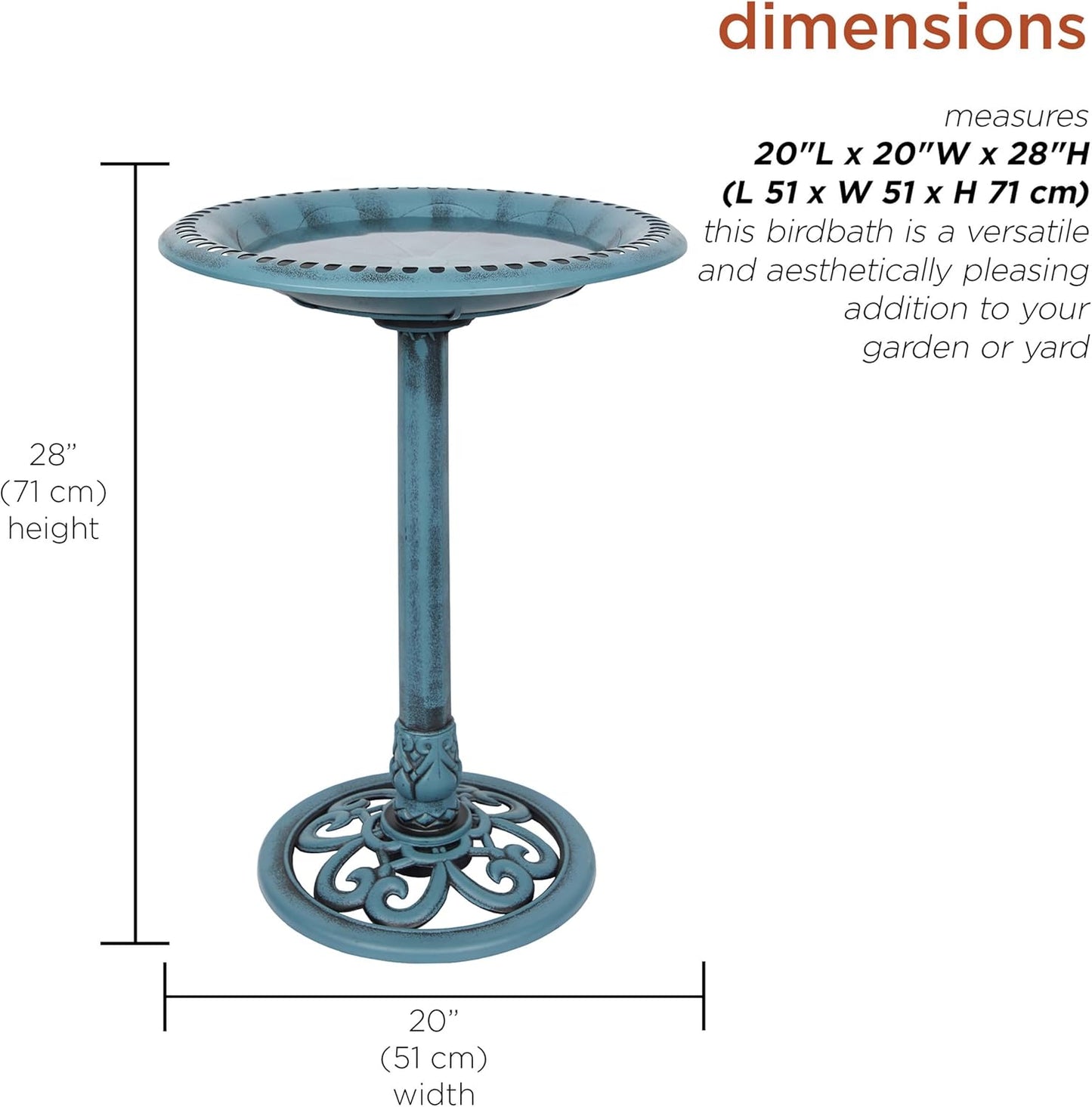 Alpine Corporation TEC116BL Pedestal Birdbath with Scrollwork Base and Ground Stakes, Décor for Lawn & Garden, 21" H, Blue