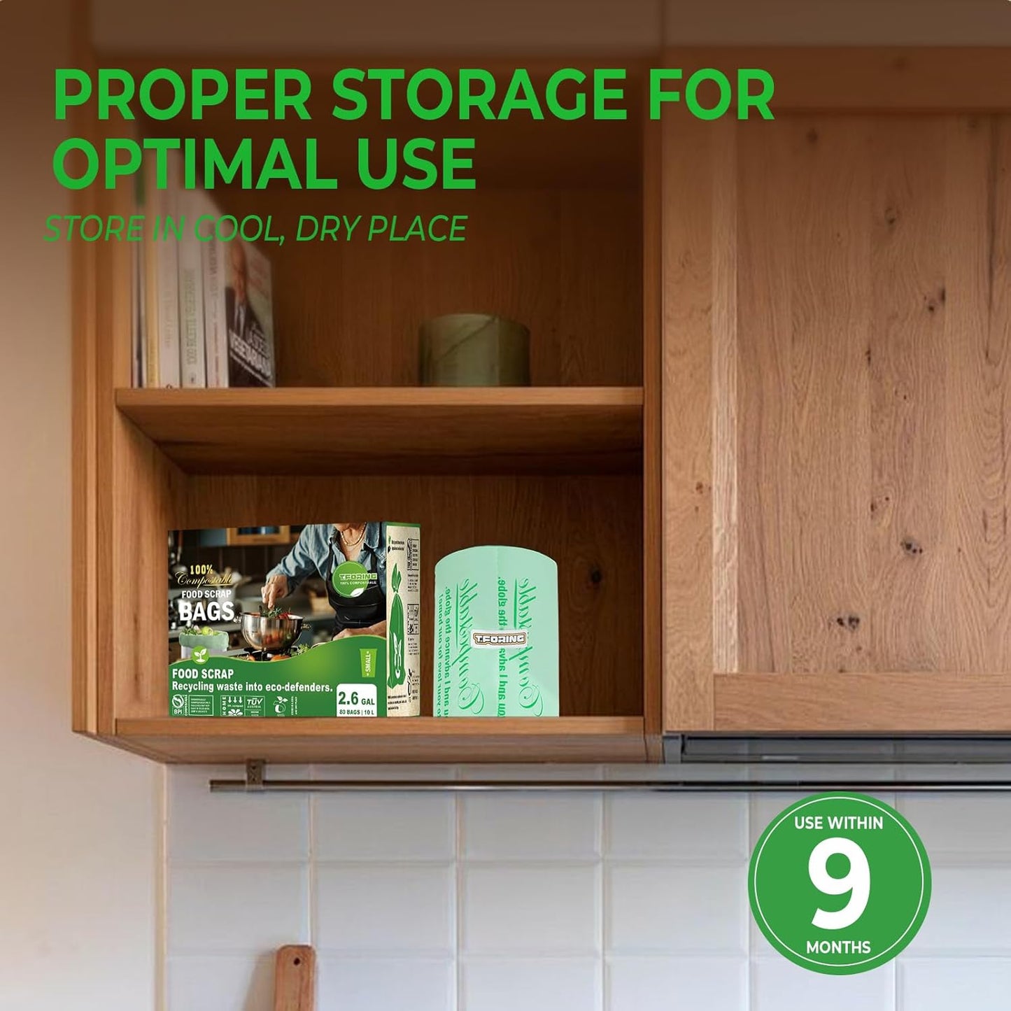 Small Compost Bags 2.6 Gallon - 80 Count 0.8 Mil Thick Compostable Trash Bags for Countertop Bin, ASTM D6400, US BPI, CMA and Europe OK compost HOME Certified