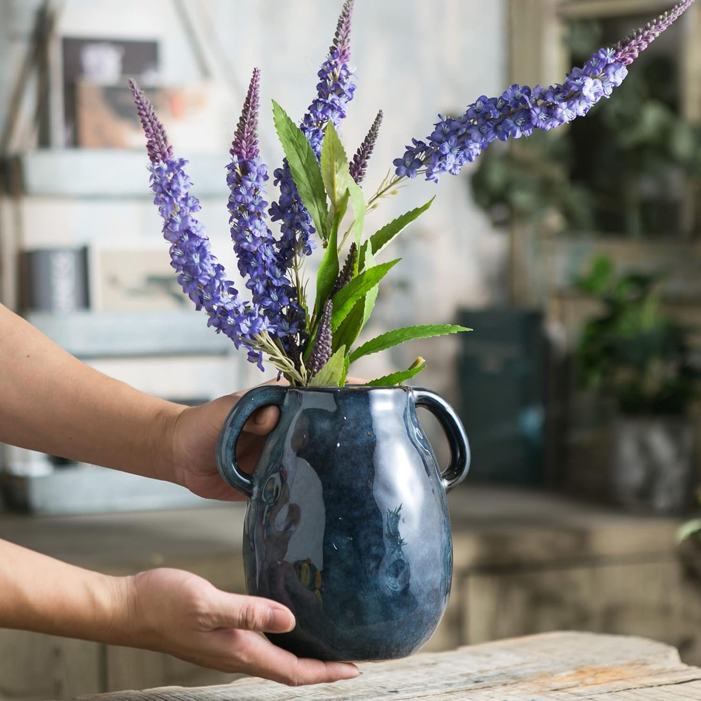Blue Ceramic Vase with 2 Handles, Modern Farmhouse Decor, Rustic Terracotta Pottery, Decorative Flower Vases, Clay Small Vase, Centerpiece for Dining Table - 7 Inch Tall