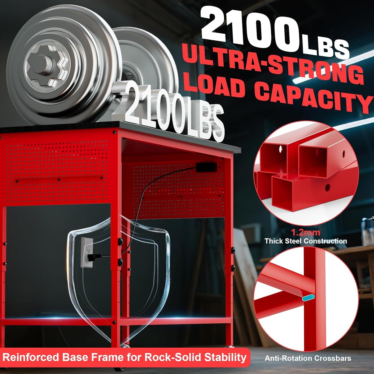 47" Heavy Duty Adjustable Workbench with Power Outlets, Pegboard & Locking Wheels - 2100LB Capacity Garage Work Table, Compatible with Milwaukee Battery, Reinforced Steel Frame for Workshop & Home Use