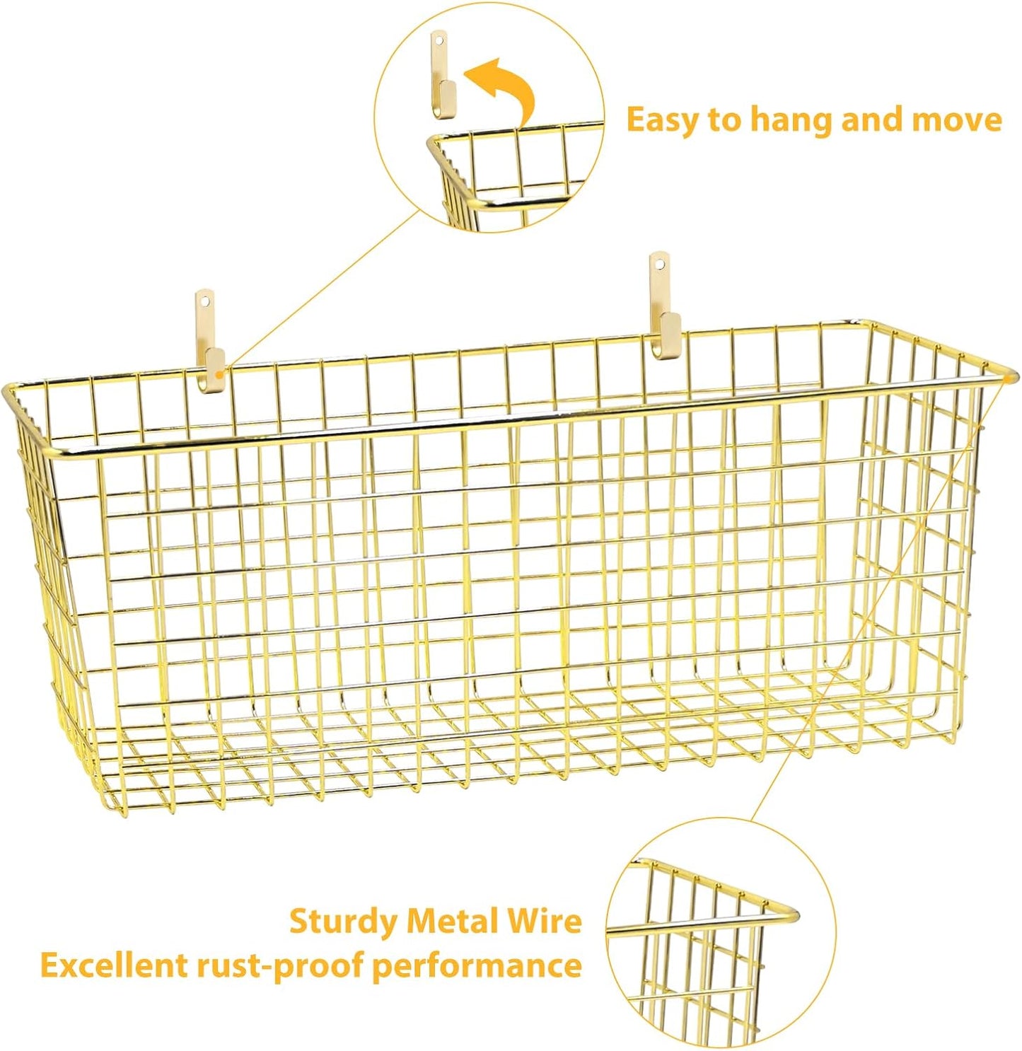 2 Sets Extra Large Hanging Wall Basket, Gold Metal Wire Baskets with Steel Hooks for Organizing, WallmountedFruit Vegetable Toy Snack Storage, Home Kitchen Bathroom Laundry Pantry Organizer