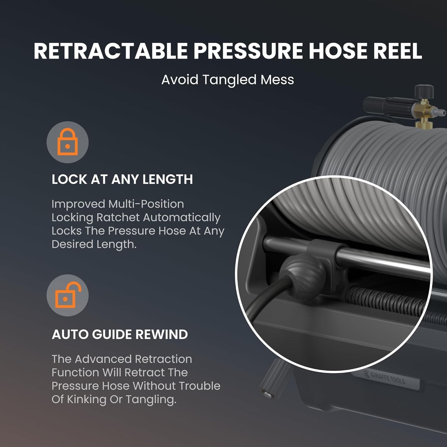 Giraffe Tools Grandfalls Pressure Washer Plus+, Electric Wall Mount Power Washer with 100FT Ultra-Soft Pressure Hoses, 2900PSI, 2.2GPM, 4 Nozzles, Foam Cannon for Cars/Patios, Dark Silver