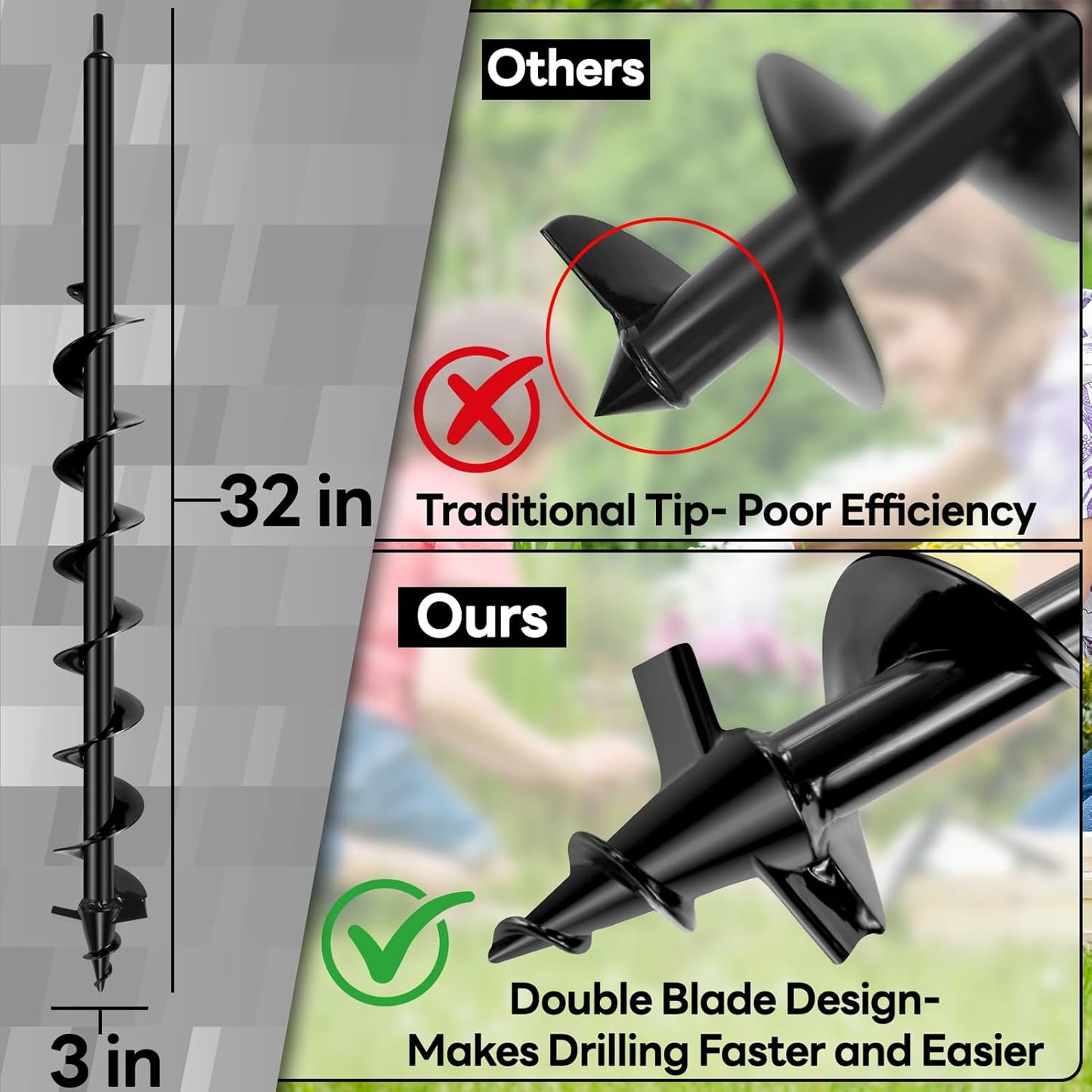 Upgraded Auger Drill Bit for Planting, 3''x32'' Drill Auger for Digging Holes, Heavy Duty Post Hole Digger for Garden Planting, Bulbs Fences Umbrella Holes, Fit 3/8" Hex Drive Drill