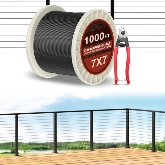 1000FT T316 Marine Grade 1/8" Stainless Steel Cable Kit w/Cutter, 7x7 Strand,1850lb Breaking Strength Wire Rope Cable for Deck Railings,Ideal for Indoor/Outdoor Railings DIY Installation, MY15