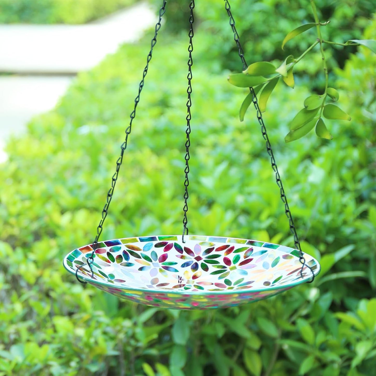 MUMTOP Mosaic Hanging Bird Bath-Bird Baths for Outdoors - 12 Inch Glass Birdbath Bird Water Bowl Bird Feeders for Outside, Garden, Lawn Yard Decor（Colorful Flower）