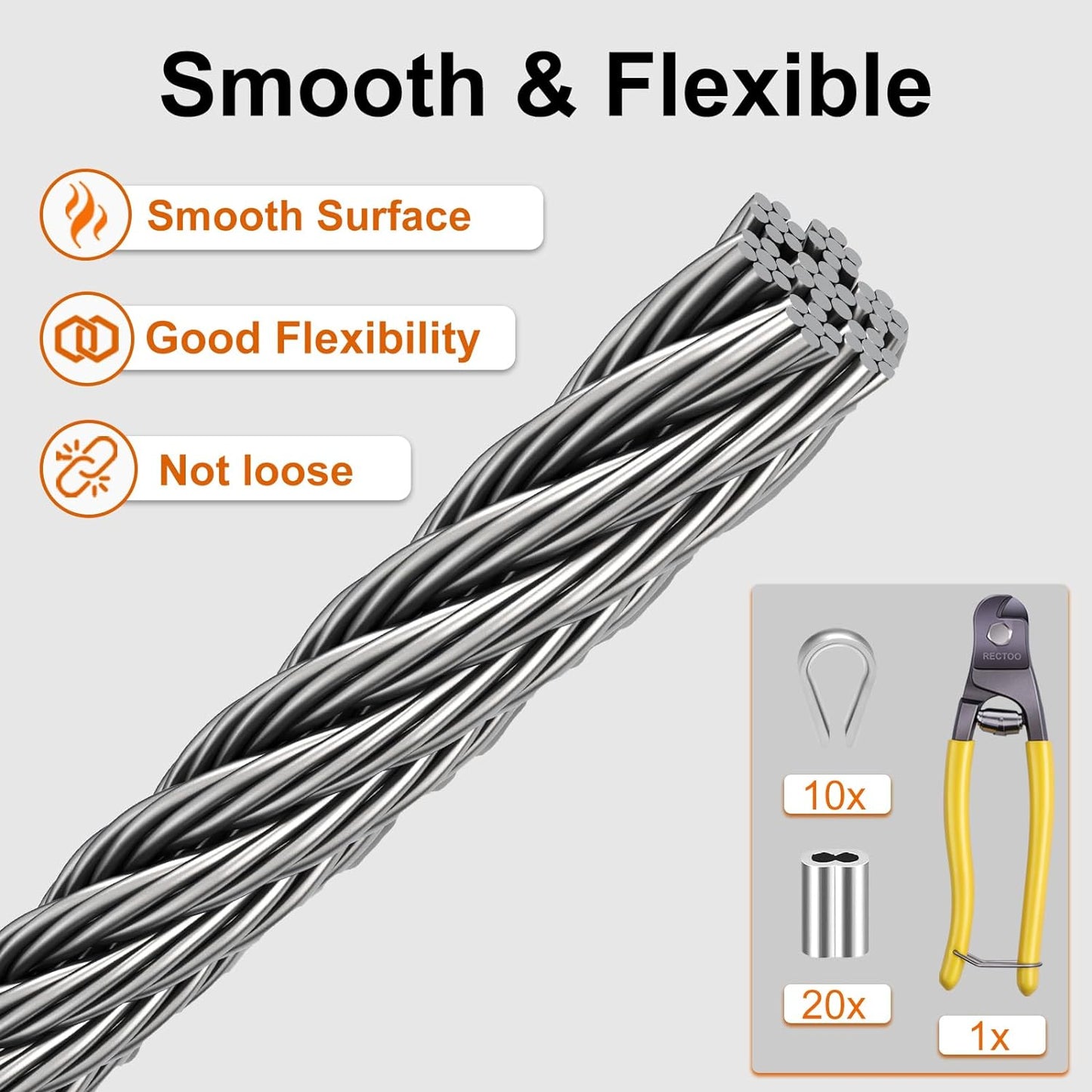 100FT 1/16" Wire Rope Kit, 7x7 Marine Stainless Steel Strand Core, T316 Strength for Hanging, Aircraft, Yard, Garden, Deck Railing, Trellis Wire with Crimping Sleeves, Thimbles, Cable Cutter