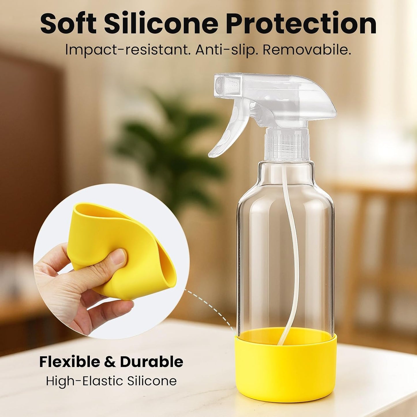 Glass Spray Bottles with Silicone Sleeve 16.9oz 2 Pack Empty Spray Bottle for Hair Mist/Stream Spraying for Cleaning Solutions, Plants, Essential Oils (clear-sblue&yellow)