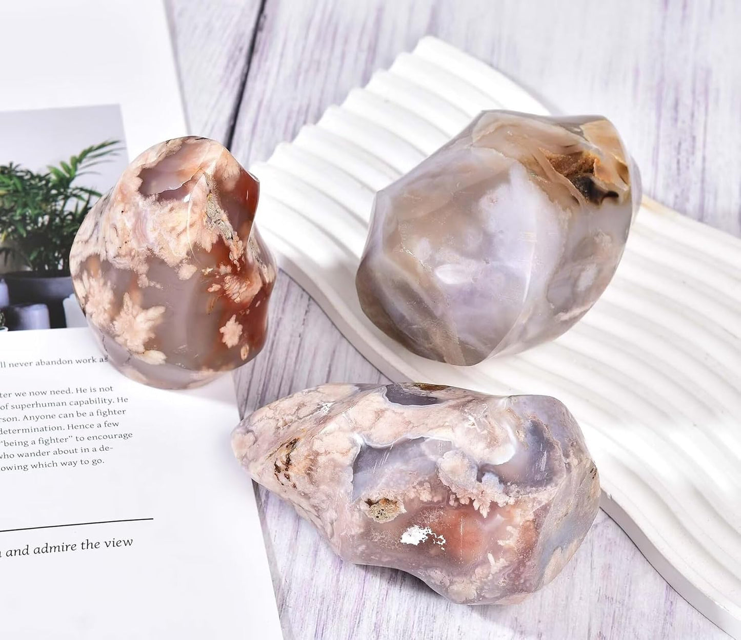 AMOYSTONE Cherry Blossom Agate Flame Shaped Stone Towers Obelisk Flower Agate Natural Healing Crystal Quartz Reiki Energy Decoration Home Office 1.0-1.5LBS