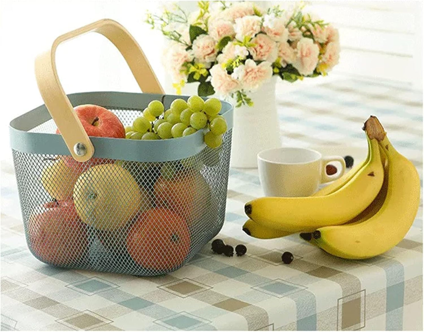 Metal Mesh Steel Basket, Storage Organizer Basket Multi-functional Hanging Kitchen Baskets Fruit Basket Bin with Bamboo Handle for Kitchen Bathroom Picnic Shopping Decor Cabinet Home, Blue