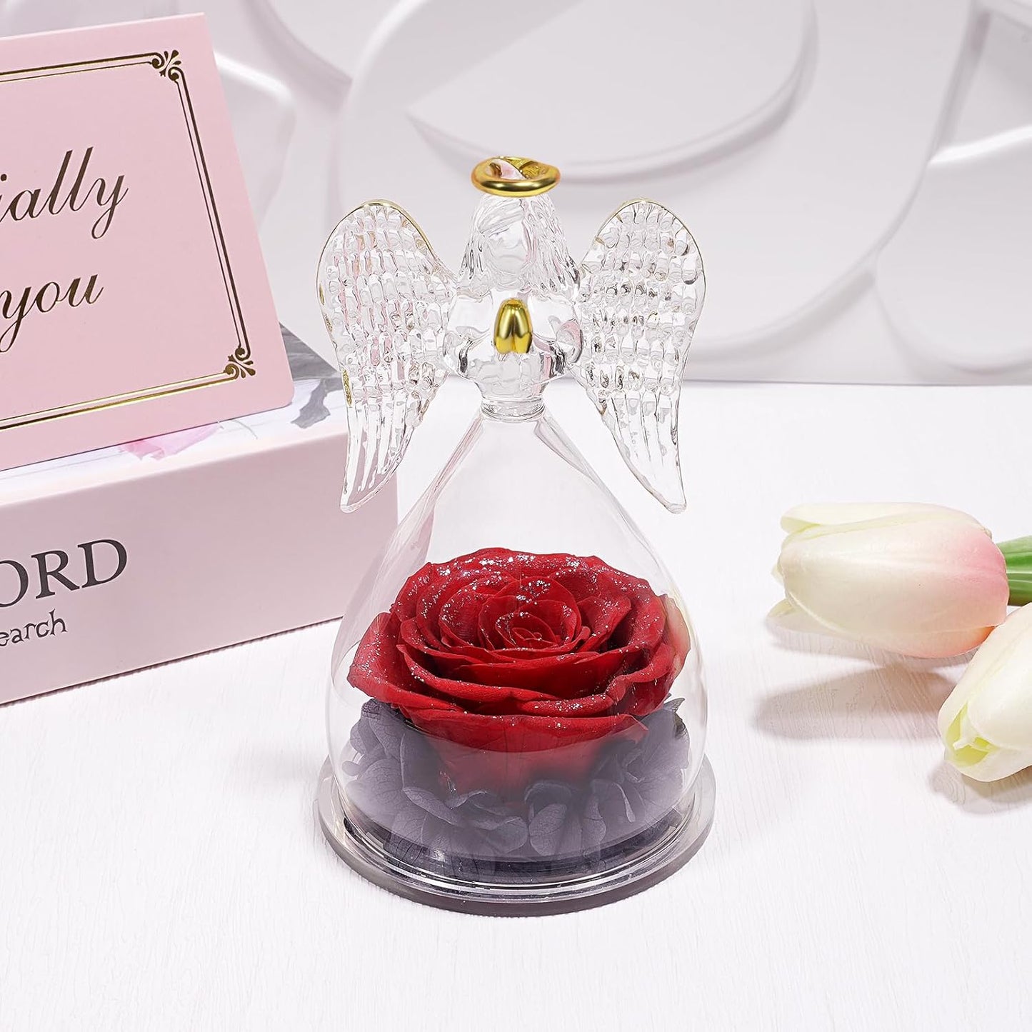 Yamonic Christmas Birthday Gifts for Mom, Angel Figurines with Real Rose Gifts for Her Mom Grandma, Preserved Rose in Glass Angel Figurines for Mothers Day Valentine's Day Gifts for Women (Red Sky)