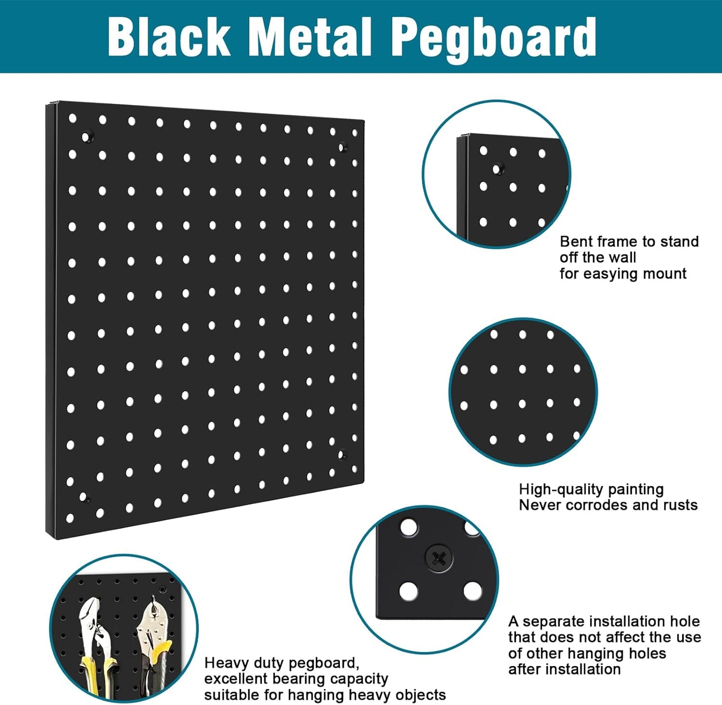 Peg Board,Steel Organization Panels, Ideal for Garage Tool Storage, Office Organization, Craft Room, Kitchen,Pack of 6(Black, 6-12X12)