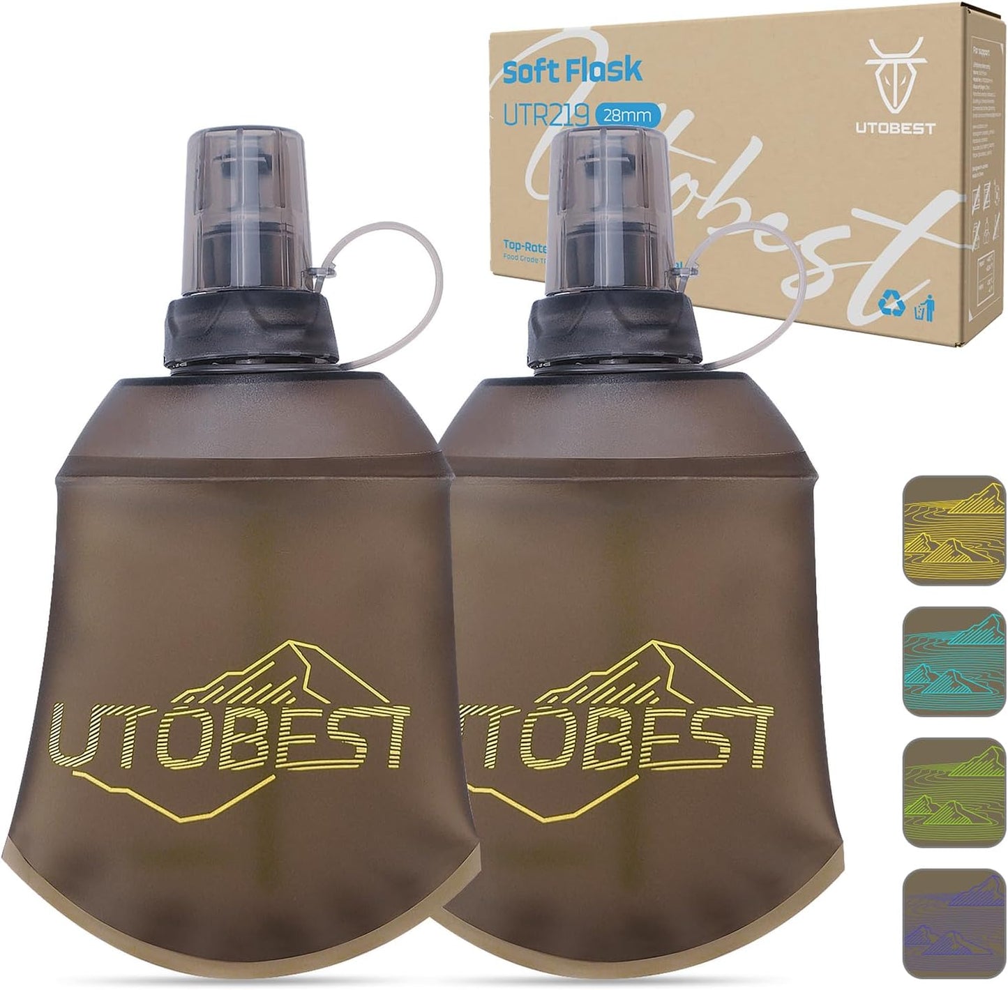 UTOBEST 150ml Soft Flask, 2 Pack Flexible TPU Hydration Water Bottle, Collapsible with 28mm Caliber for Running, Hiking, Cycling, Climbing, and Marathon Yellow