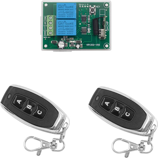QIACHIP DC 5V 6V 12V 24V 36V 48V 60V Electric Motor Forward and Reverse Wireless RF Remote Control Relay Module Switch,Receiver 433Mhz with Transmitters for Motor,Curtains, Garage Door (KR1202)