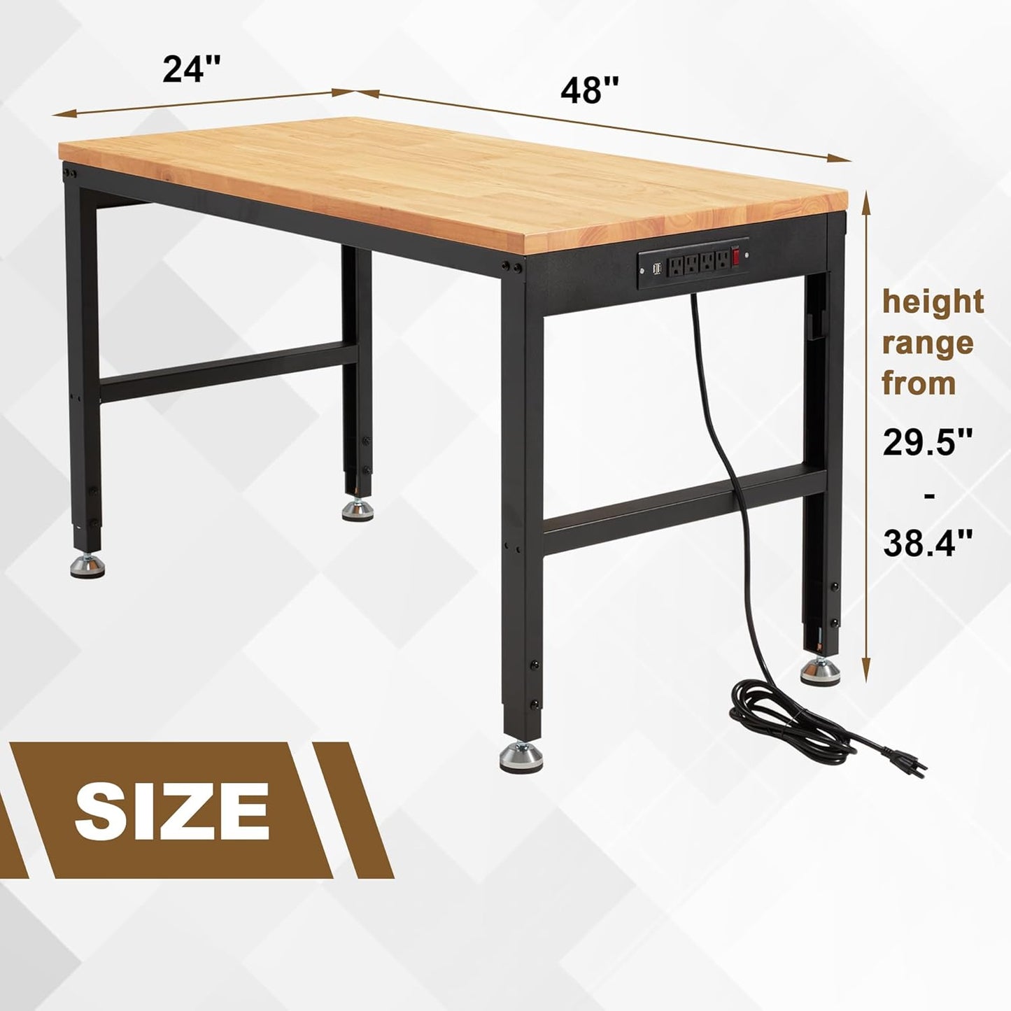 HABUTWAY Height Adjustable Workbench 48"x 24" 2000 Lbs Capacity Solid Wood Work Station Heavy-Duty Work Tables with Power Outlets for Garage Party Shop Office
