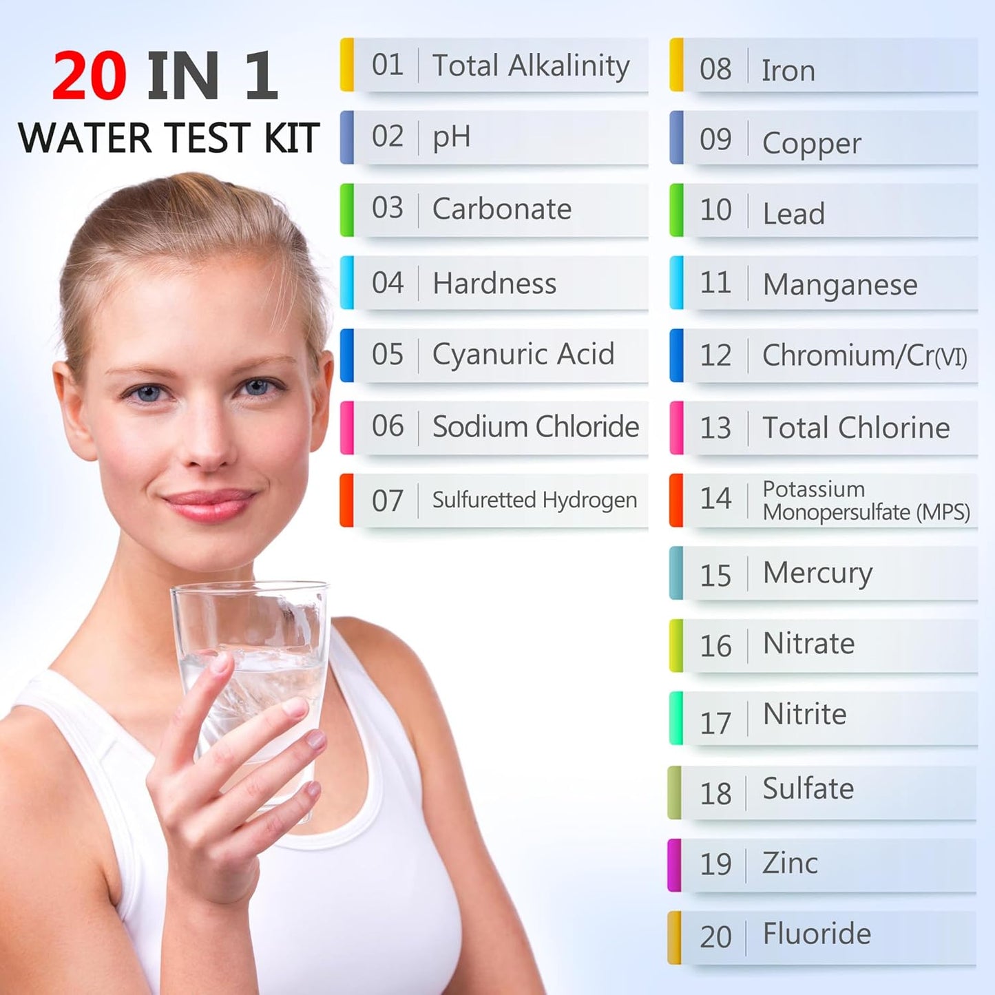 Mobile App Water Test Kit–20-in-1 Home Water Testing Strips, Pools, Hot Tubs, Aquarium, Drinking Water & Well Water Test for pH, Hardness, Lead, Iron, Chlorine, Nitrate, Fluoride, Mercury