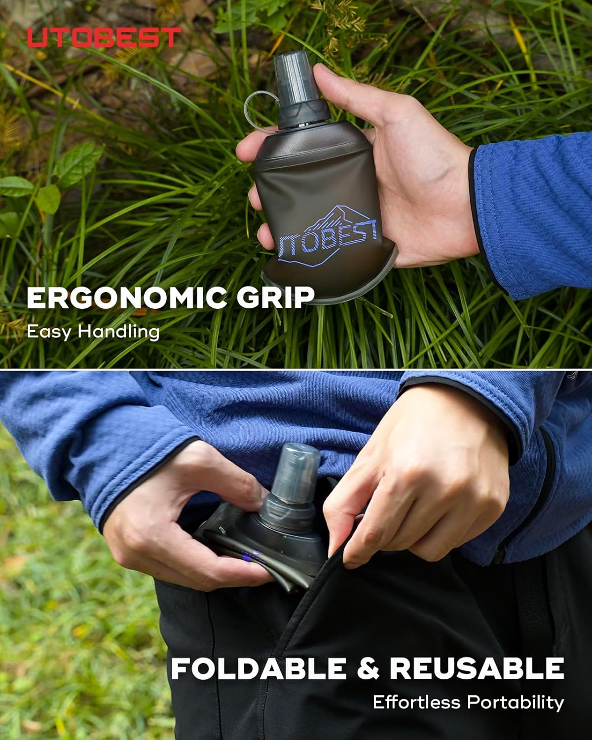 UTOBEST 150ml Soft Flask, 2 Pack Flexible TPU Hydration Water Bottle, Collapsible with 28mm Caliber for Running, Hiking, Cycling, Climbing, and Marathon Purple