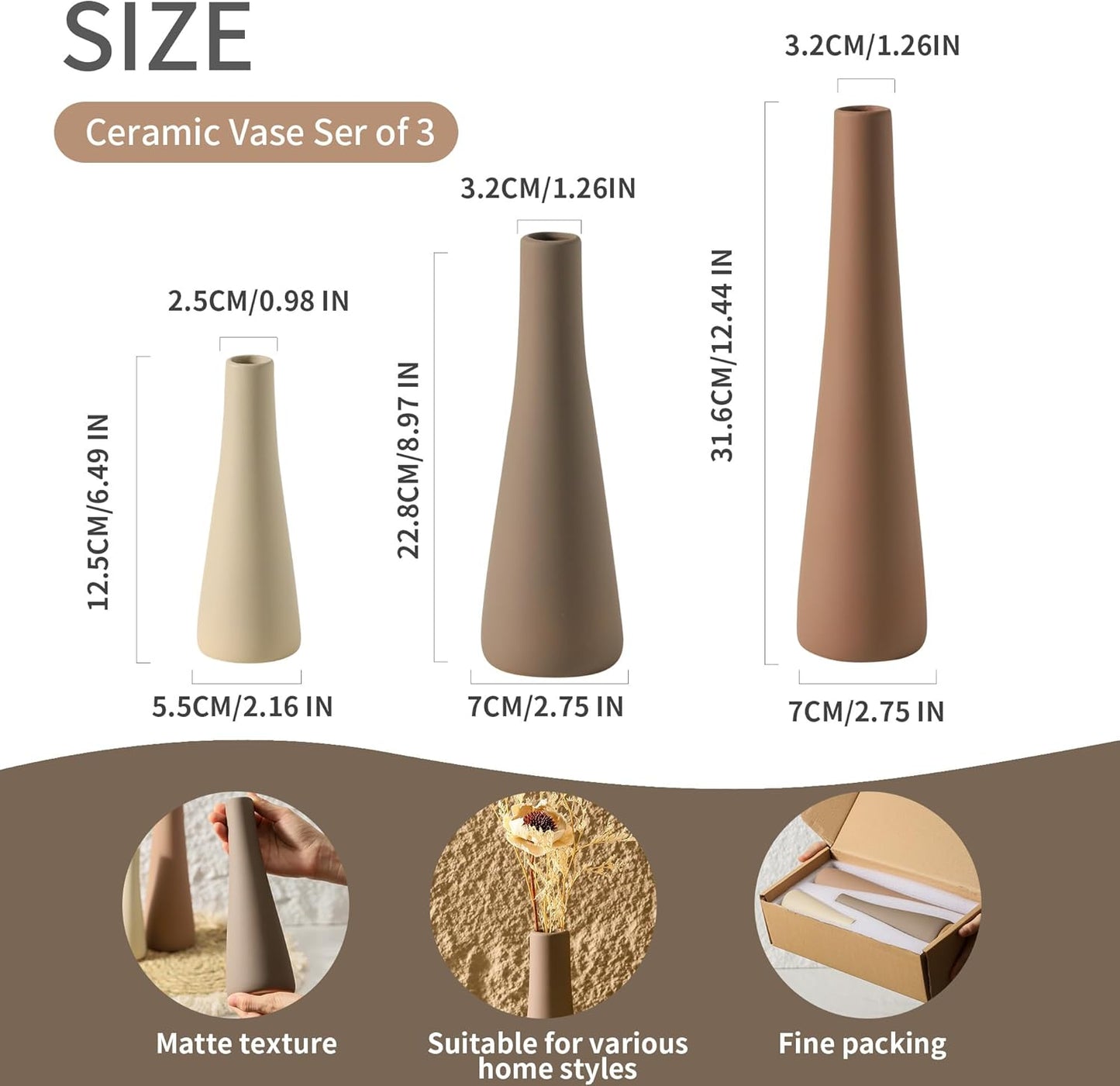 Ceramic Vase Set of 3, Modern Farmhouse Vases Home Decor Neutral Pottery Vase Pampas Grass Flower Vases for Home Decoration Room Decor Table Entryway Living Room Centerpieces Mantel Decor - Brown