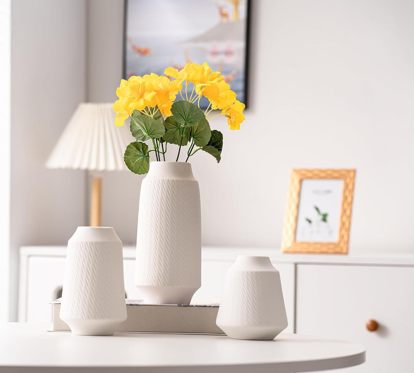 Ceramic Vase Set of 3, Modern Multicolor Pattern Flower Vases for Home Decor, Office, Centerpieces, Boho Farmhouse Style (White)