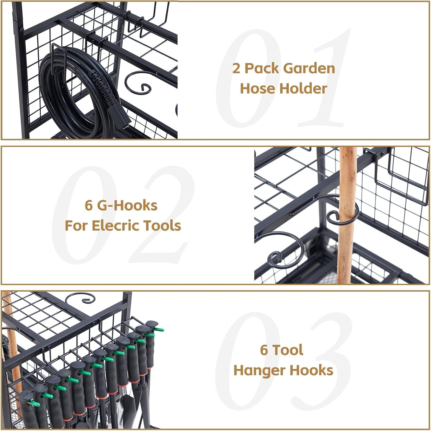Lauren&Harold Garden Tool Organizer for Garage, Yard Tools Storage Rack with 2 Stair-Climbing Wheels, Gardening Tool Storage Holder for Garage, Yard, Lawn and Outdoor, Garden Tool Rolling Cart