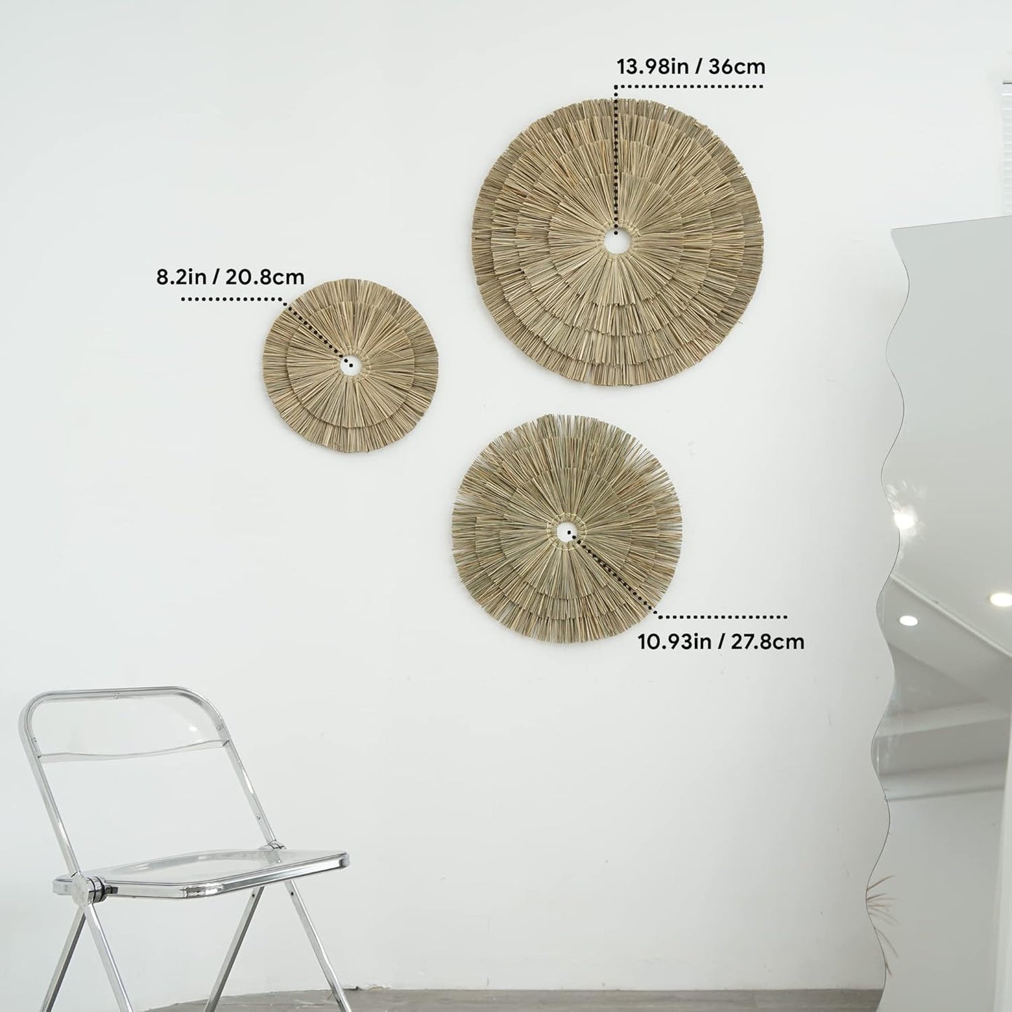 VATIMA Boho Wall Décor – Simple Oversized Wall Basket Décor for Home and Office – Seagrass Wicker Basket Wall Décor Set – 3pcs Flat Baskets – Easy to Hang – Handmade Design – Small/Medium/Large