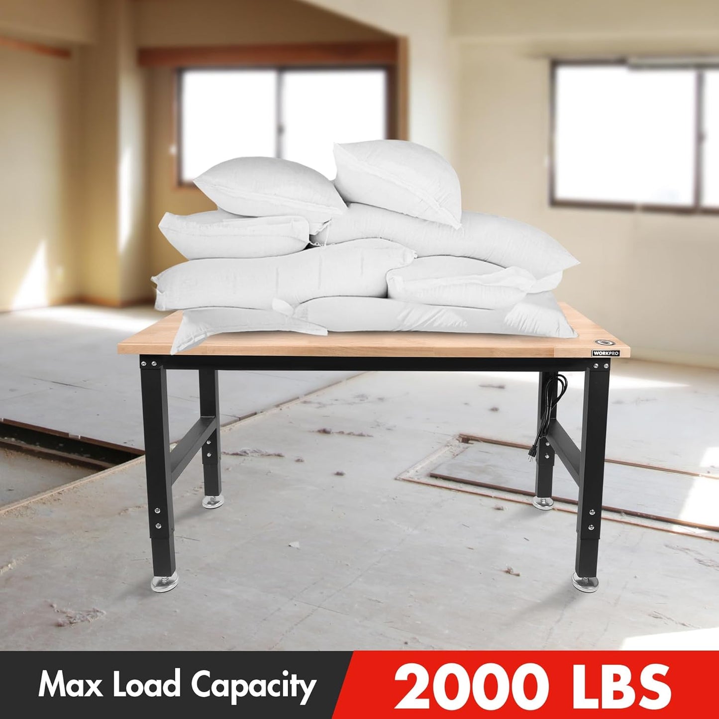 WORKPRO 48" Adjustable Workbench, Rubber Wood Top Heavy-Duty Workstation, 2000 LBS Load Capacity Hardwood Worktable with Power Outlets, for Workshop, Garage